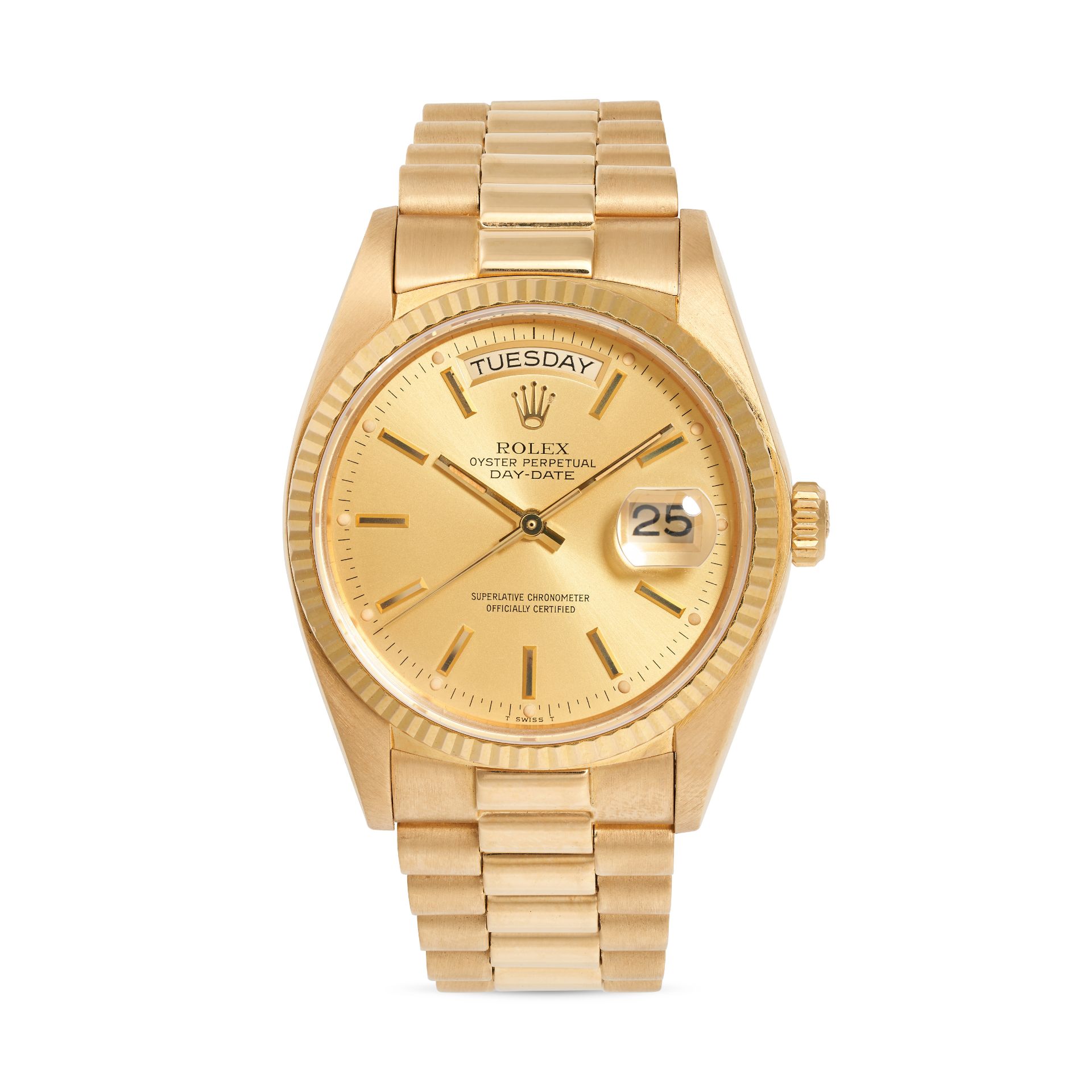 ROLEX, A VINTAGE DATE-DATE WRISTWATCH, CIRCA 1979 in 18ct yellow gold, model ref 18038, champagne...