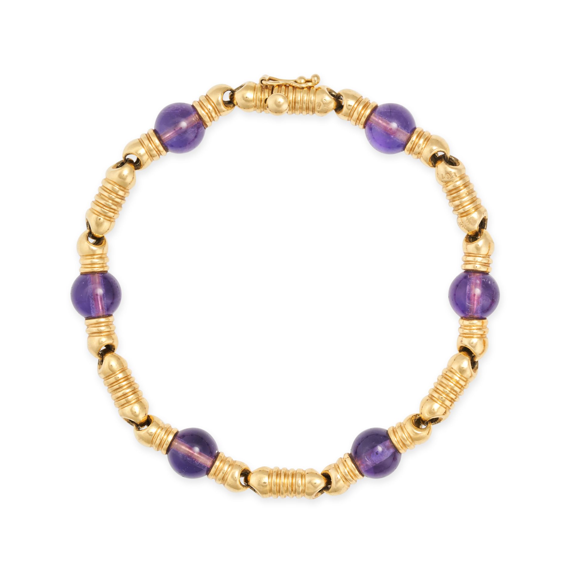 BOUCHERON, A VINTAGE AMETHYST BRACELET in 18ct yellow gold, comprising a row of stylised gold lin...