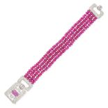 WASLIKOFF & SONS, AN ART DECO RUBY AND DIAMOND BRACELET in platinum, comprising four rows of cabo...
