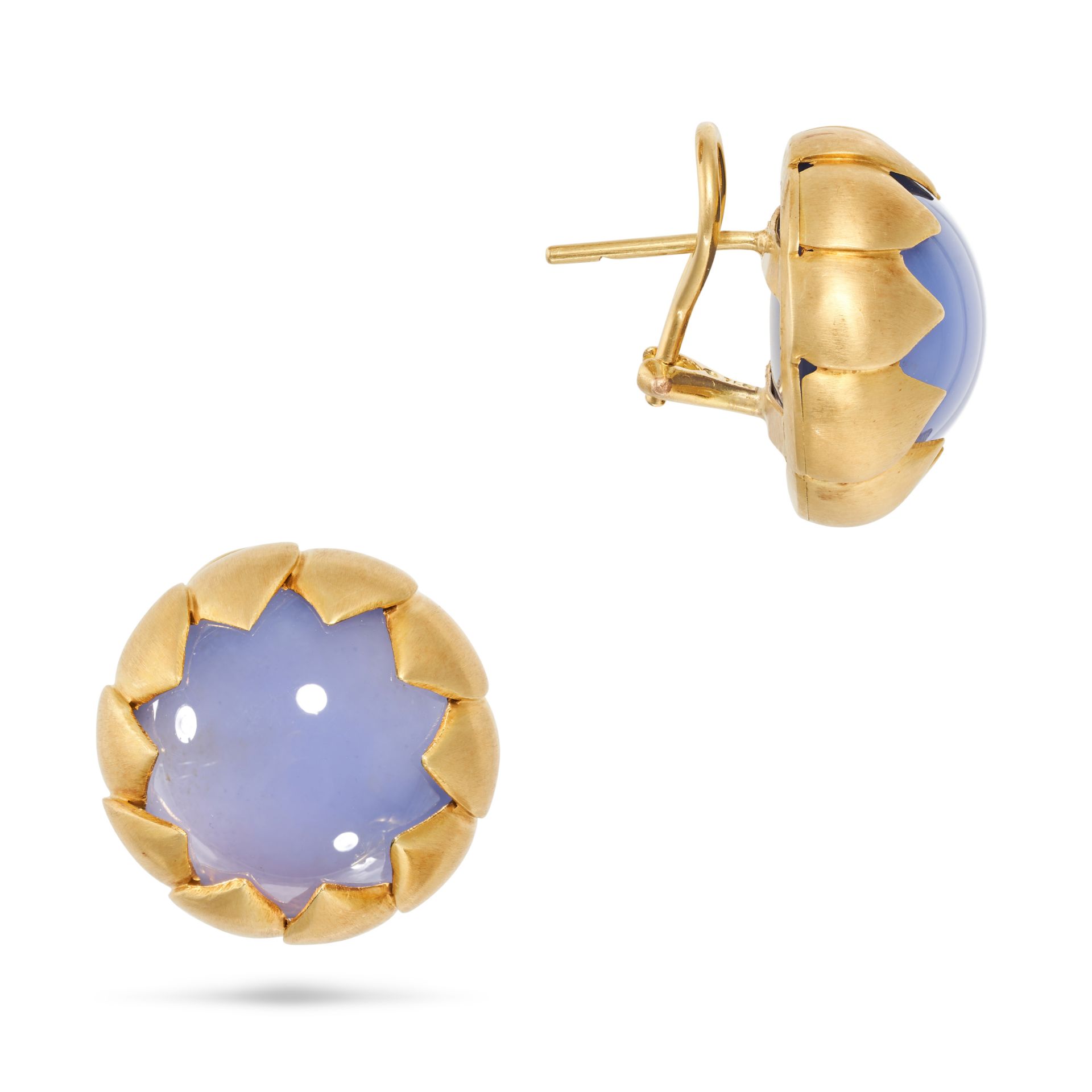 REBECCA KOVEN, A PAIR OF BLUE CHALCEDONY EARRINGS in 18ct yellow gold, each set with a large roun... - Image 3 of 4