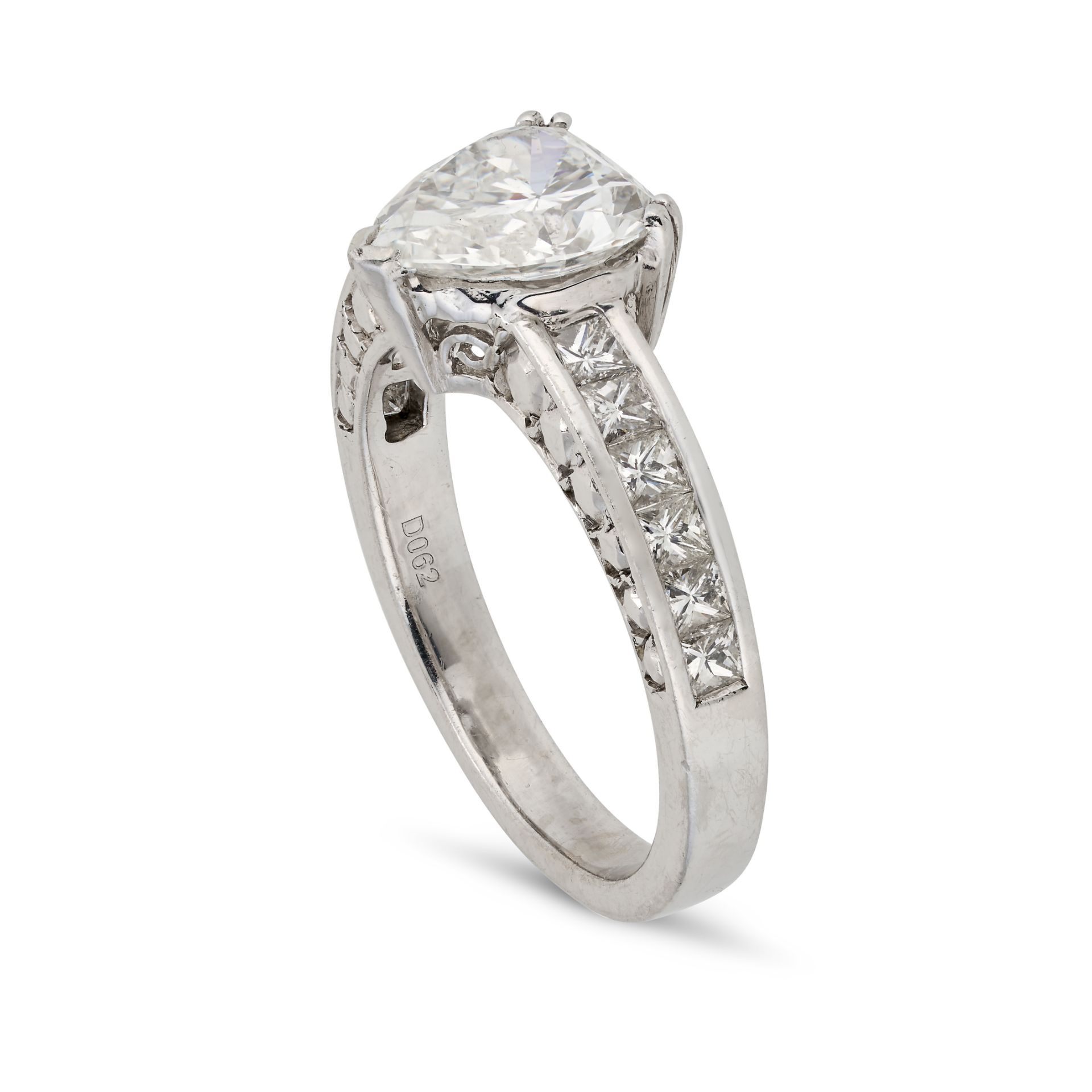 A DIAMOND DRESS RING in platinum, set with a heart brilliant cut diamond of 2.10 carats, the band... - Image 2 of 2