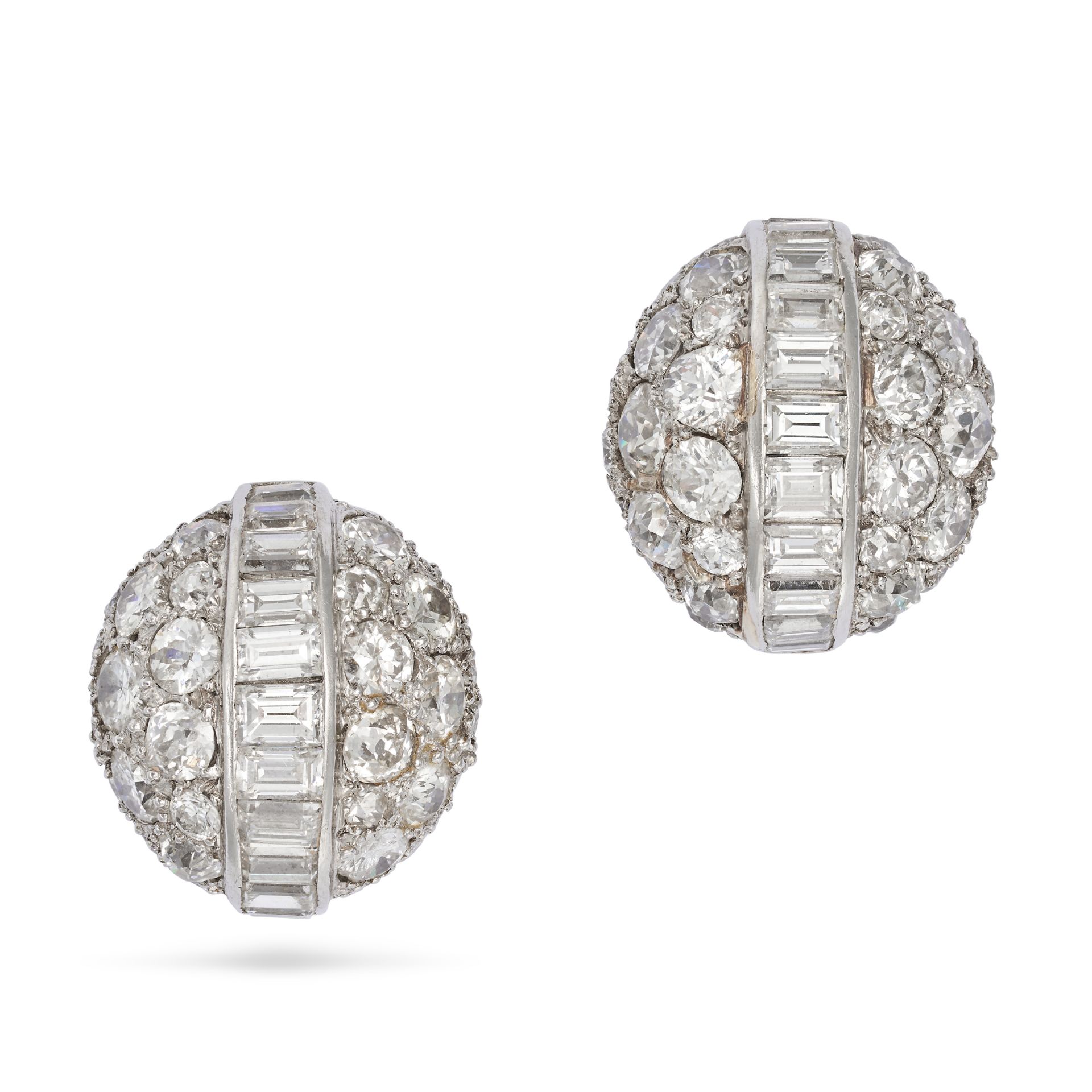 A PAIR OF VINTAGE DIAMOND BOMBE EARRINGS in white gold, set with old mine cut, old European cut a...