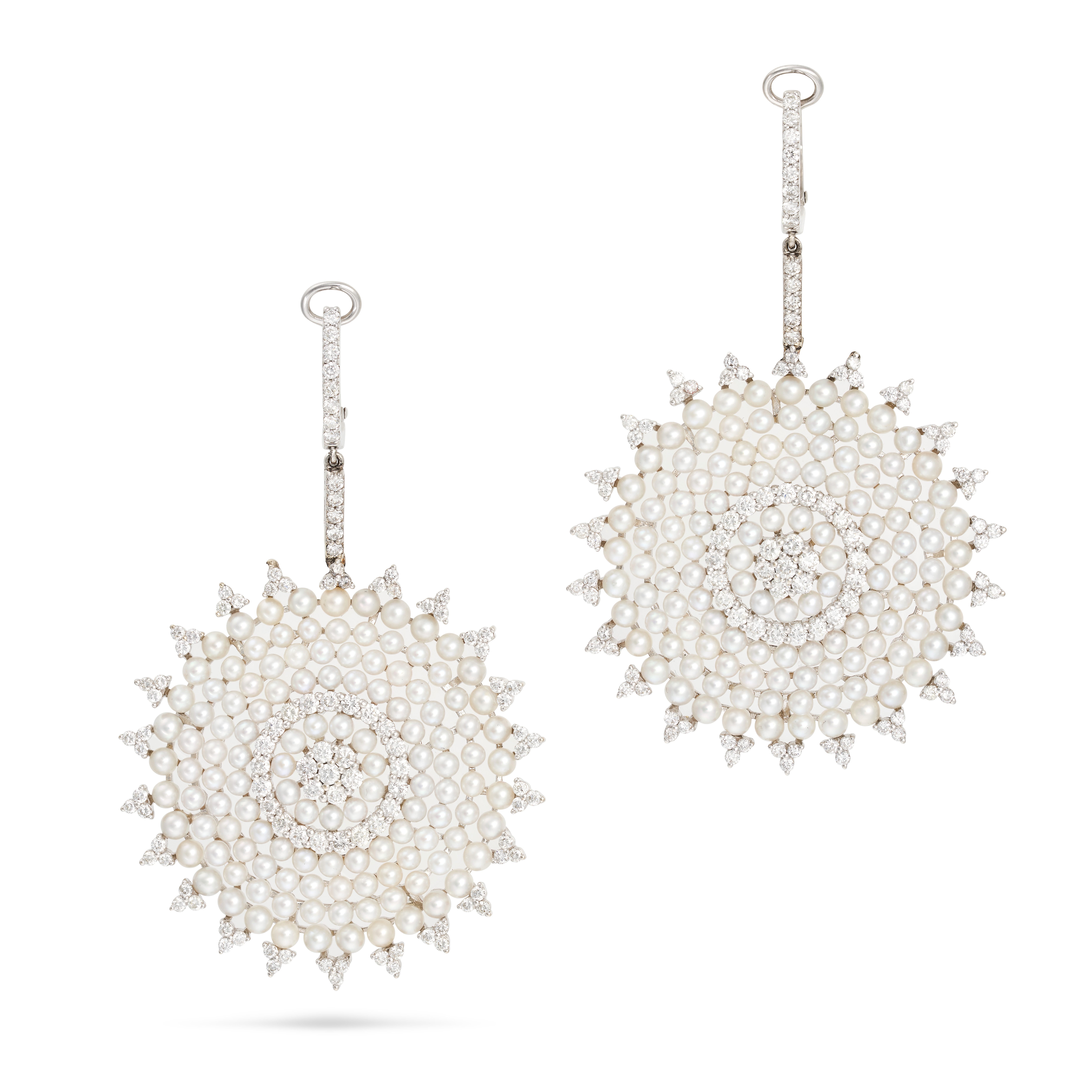 A PAIR OF DIAMOND AND PEARL DROP EARRINGS in 18ct white gold, each comprising a hoop set with rou...
