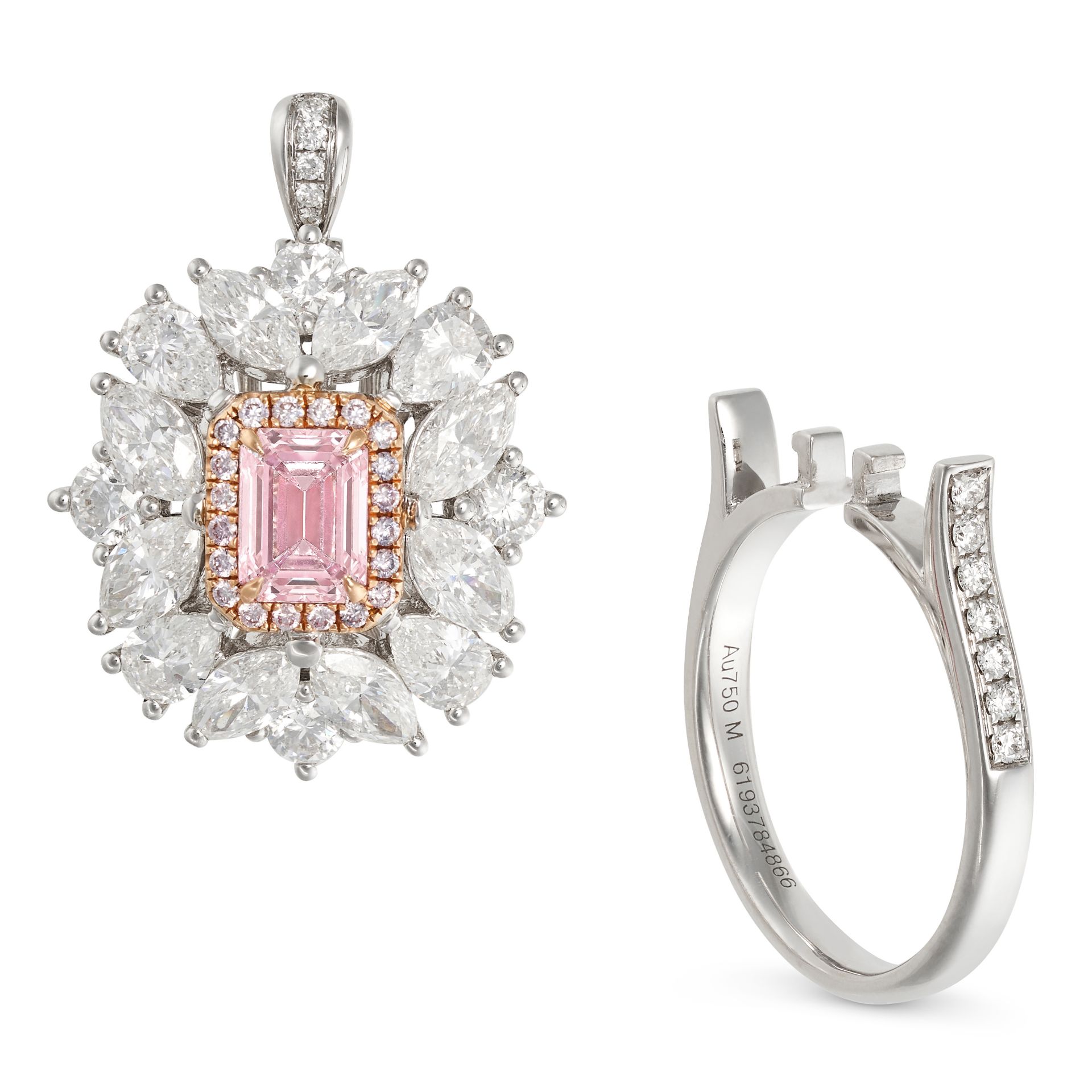 A PINK DIAMOND AND DIAMOND RING / PENDANT in 18ct white gold, set with an emerald cut pink diamon... - Image 2 of 2