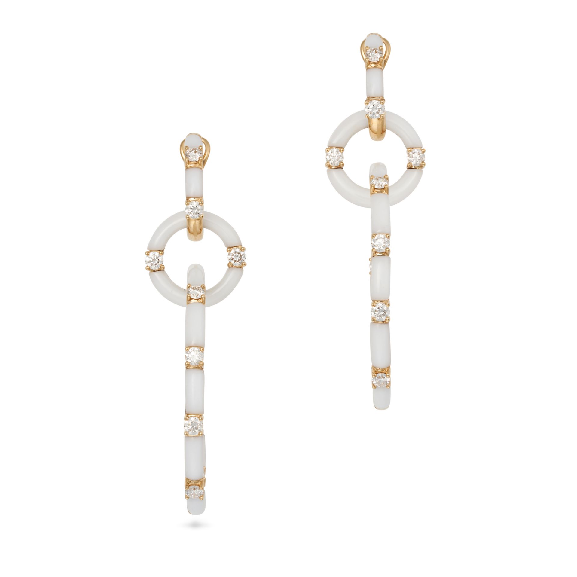 A PAIR OF DIAMOND AND WHITE AGATE HOOP EARRINGS in 18ct yellow gold, each comprising three interl... - Image 2 of 2
