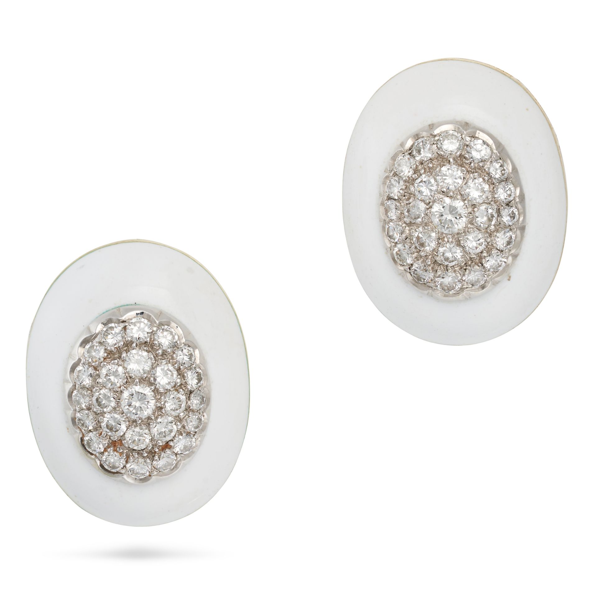 A PAIR OF DIAMOND AND ENAMEL EARRINGS in 18ct yellow and white gold, each domed face set with a c...