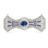 A SAPPHIRE AND DIAMOND BOW BROOCH in 18ct white gold, set to the centre with a cabochon cut sapph...