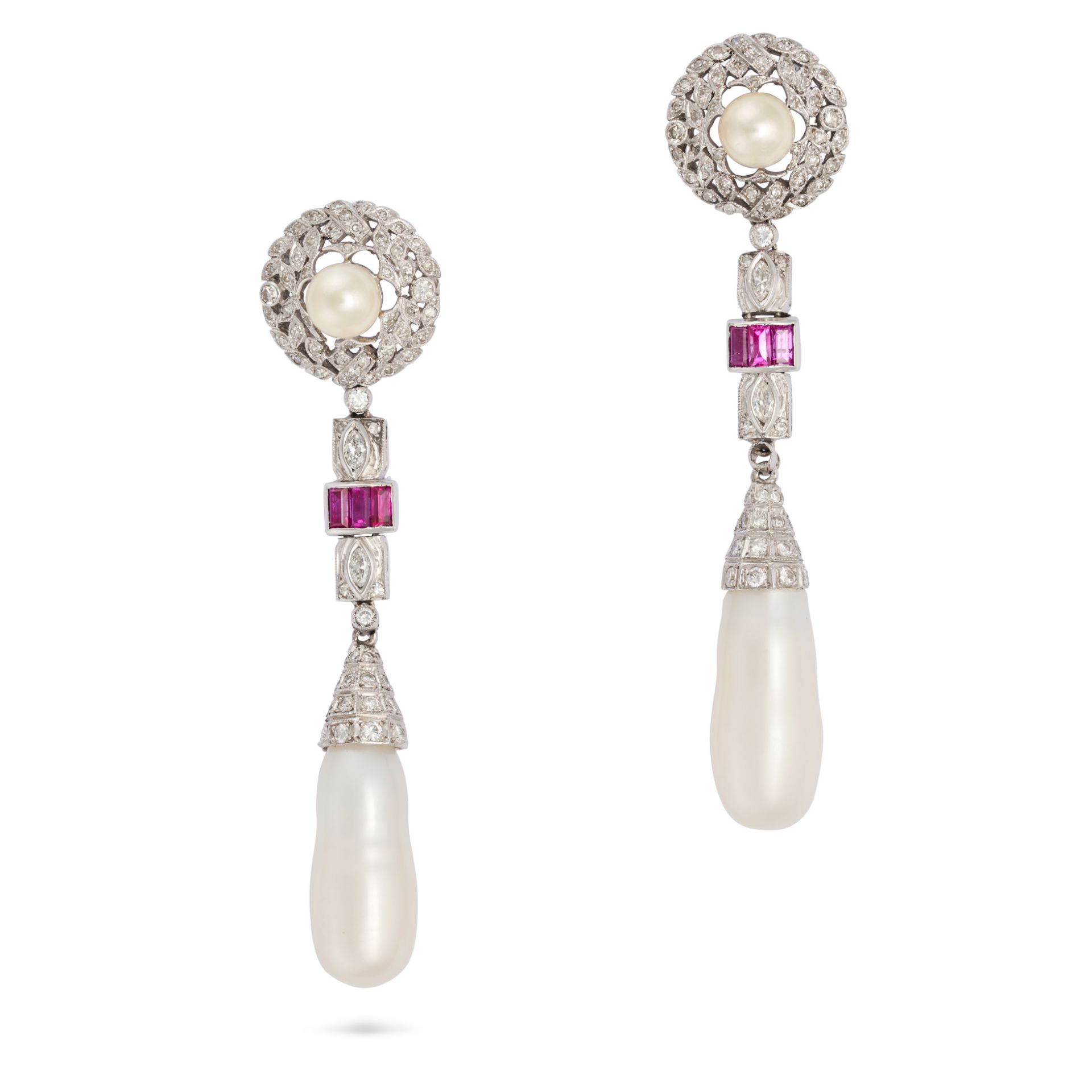 A PAIR OF VINTAGE DIAMOND, RUBY AND PEARL DROP EARRINGS in white gold, each designed as a pearl a...