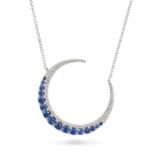 A SAPPHIRE AND DIAMOND CRESCENT MOON NECKLACE in white gold, the pendant designed as a crescent m...