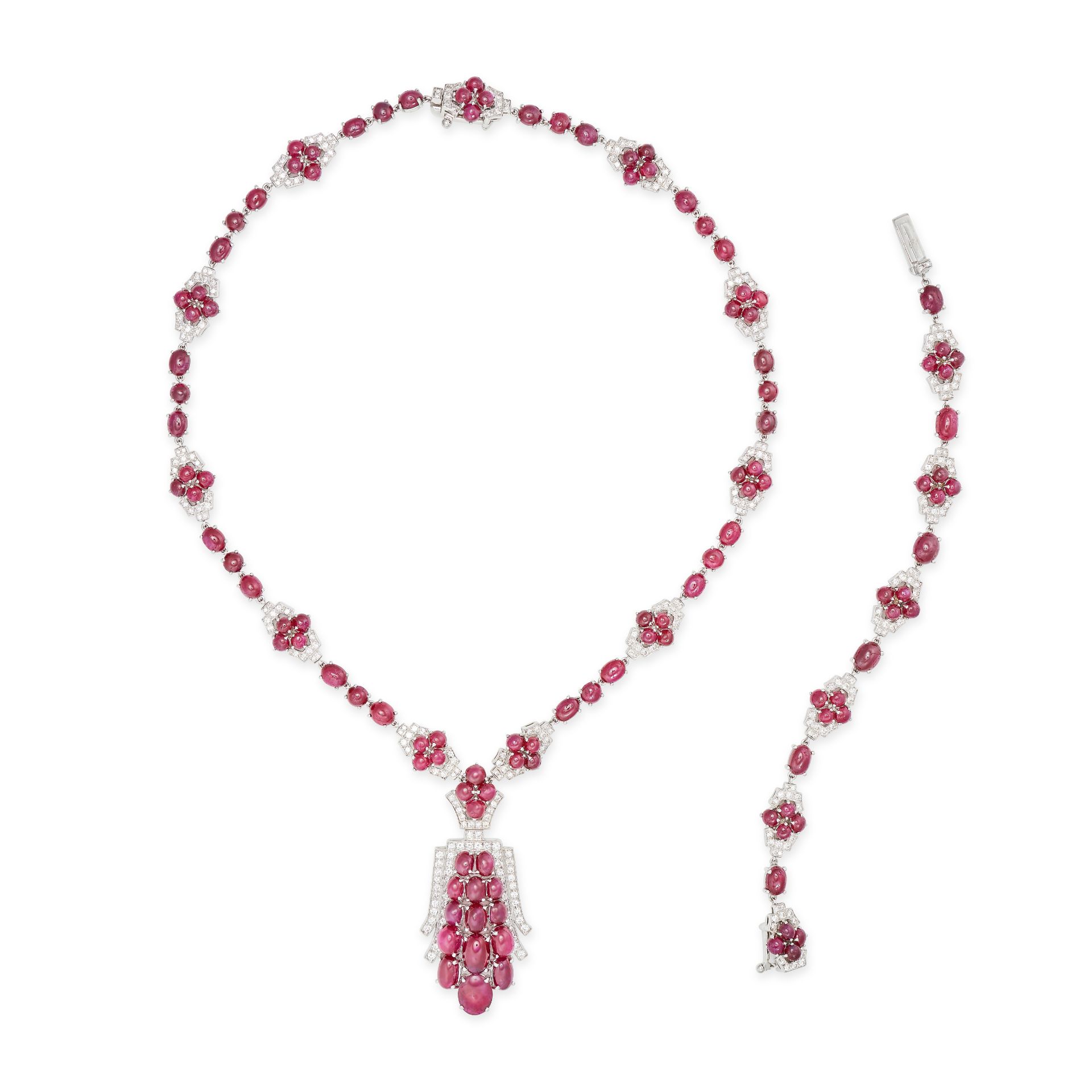 A RUBY AND DIAMOND PENDANT NECKLACE in 18ct white gold, comprising a row of round and oval caboch... - Image 2 of 2