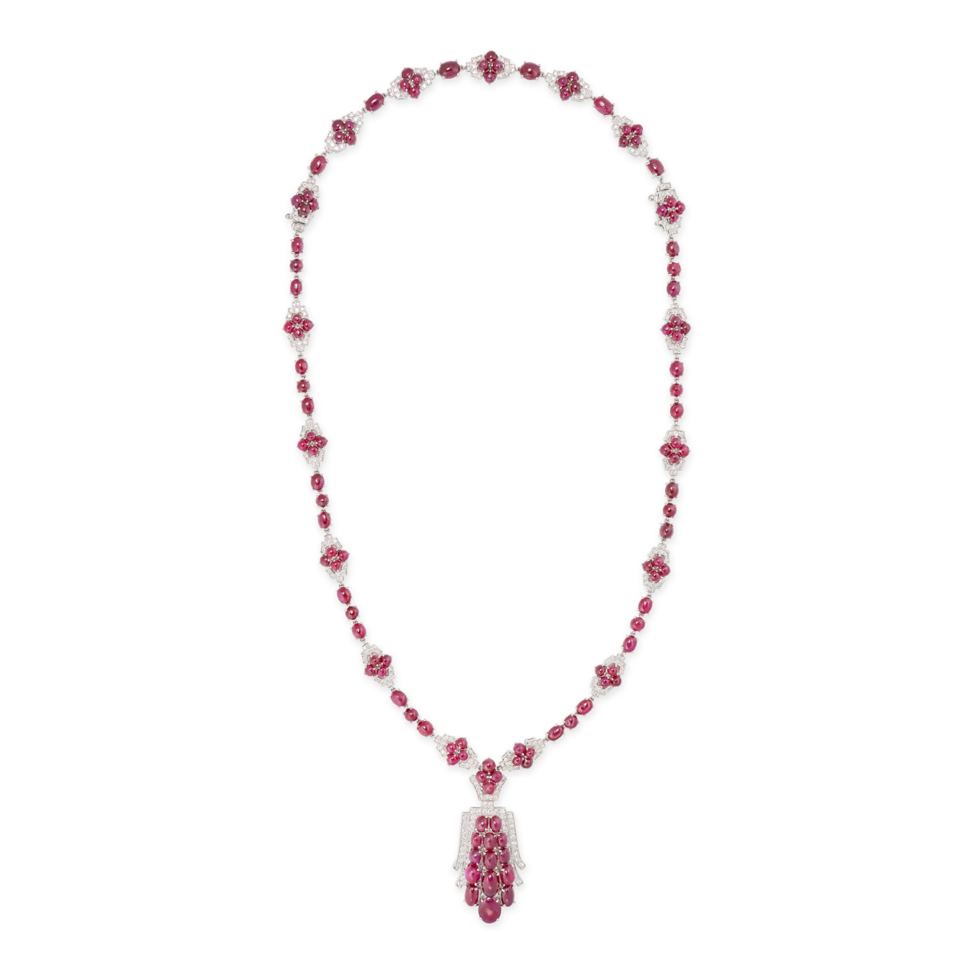 A RUBY AND DIAMOND PENDANT NECKLACE in 18ct white gold, comprising a row of round and oval caboch...