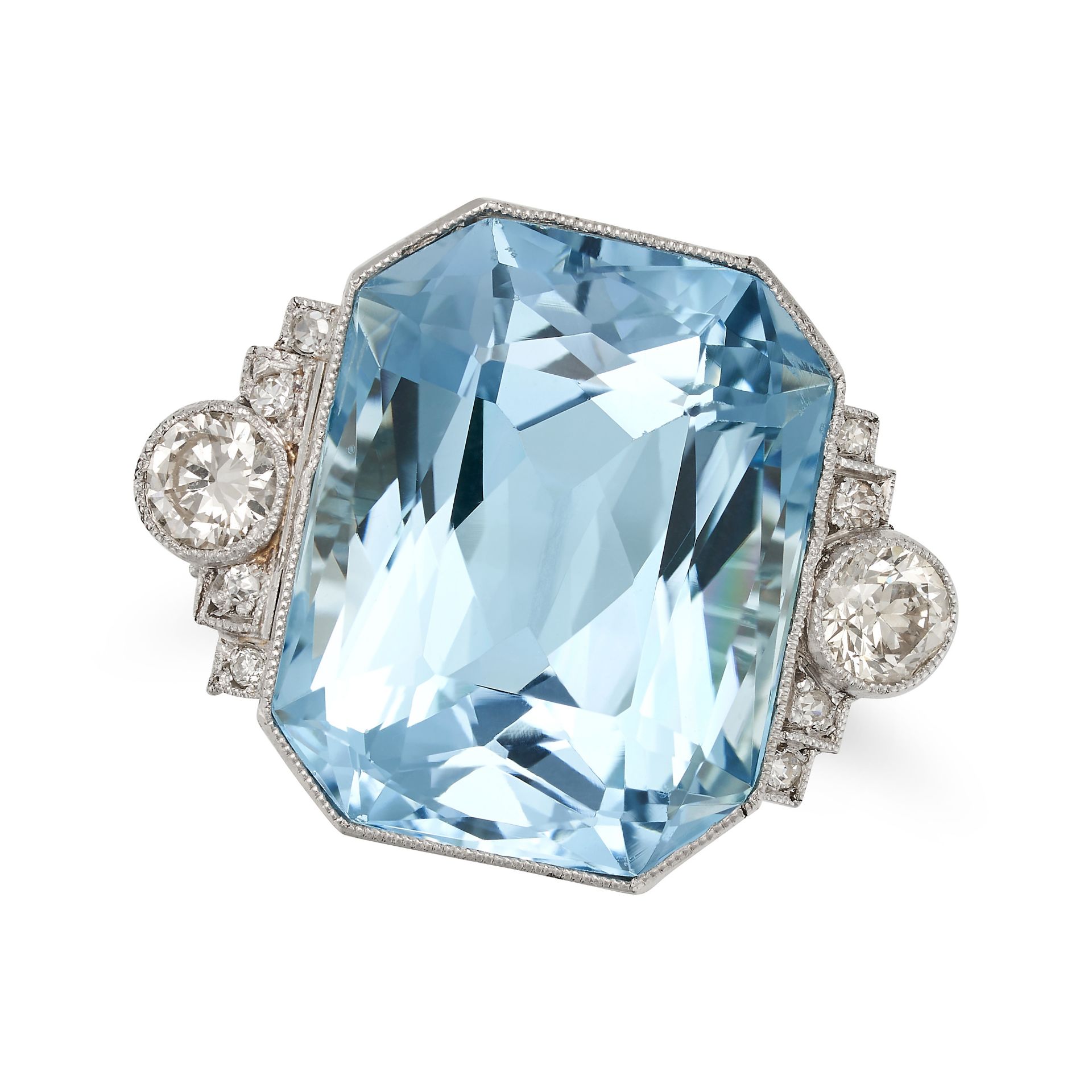 AN AQUAMARINE AND DIAMOND DRESS RING in platinum, set with an octagonal step cut aquamarine of ap...