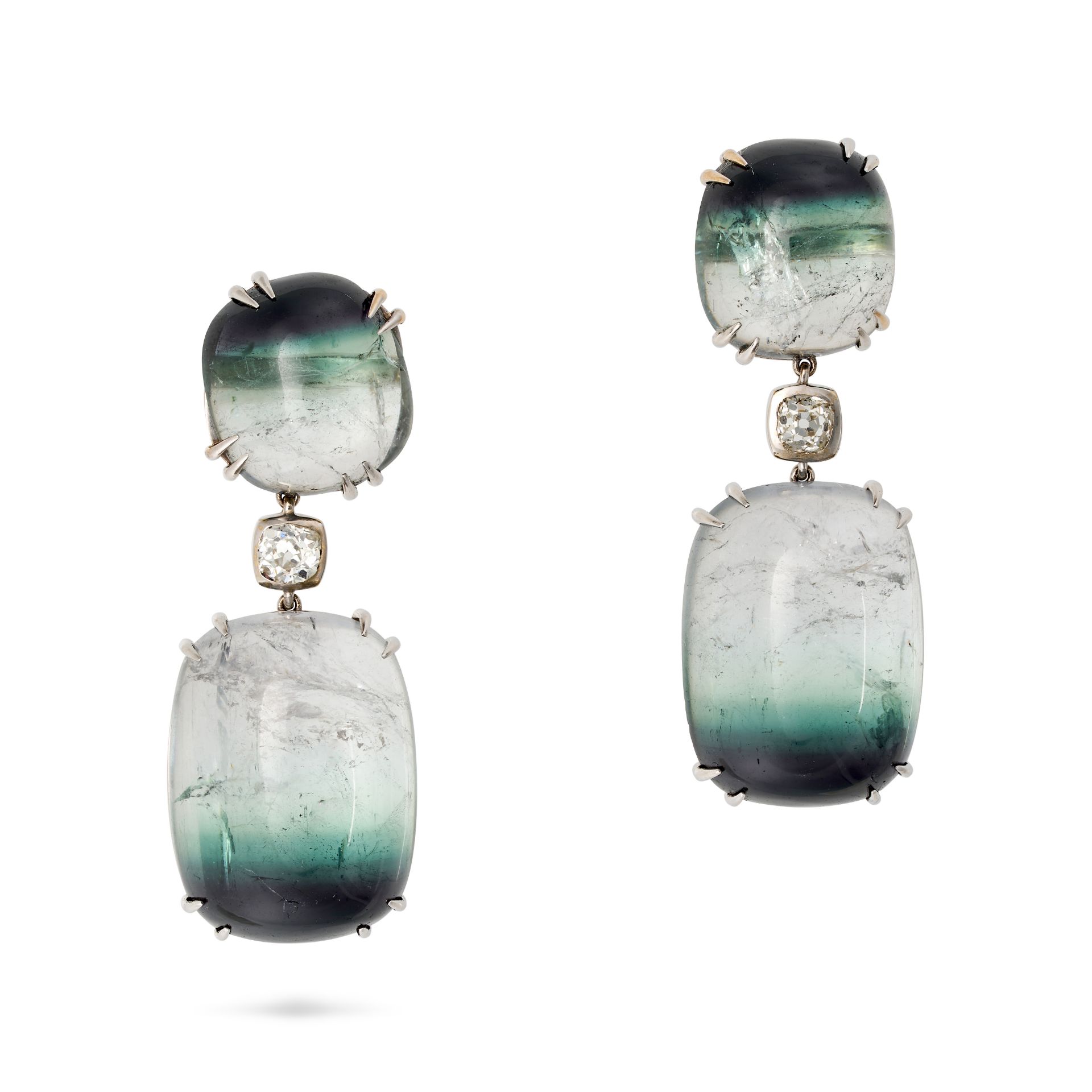 A PAIR OF BICOLOUR TOURMALINE AND DIAMOND DROP EARRINGS in 14ct white gold, each set with a caboc... - Image 2 of 2