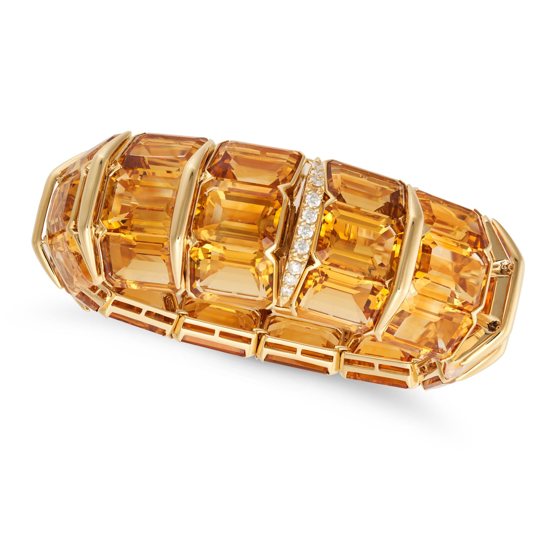 A CITRINE AND DIAMOND BRACELET in 18ct yellow gold, set with trios of octagonal step cut citrines...