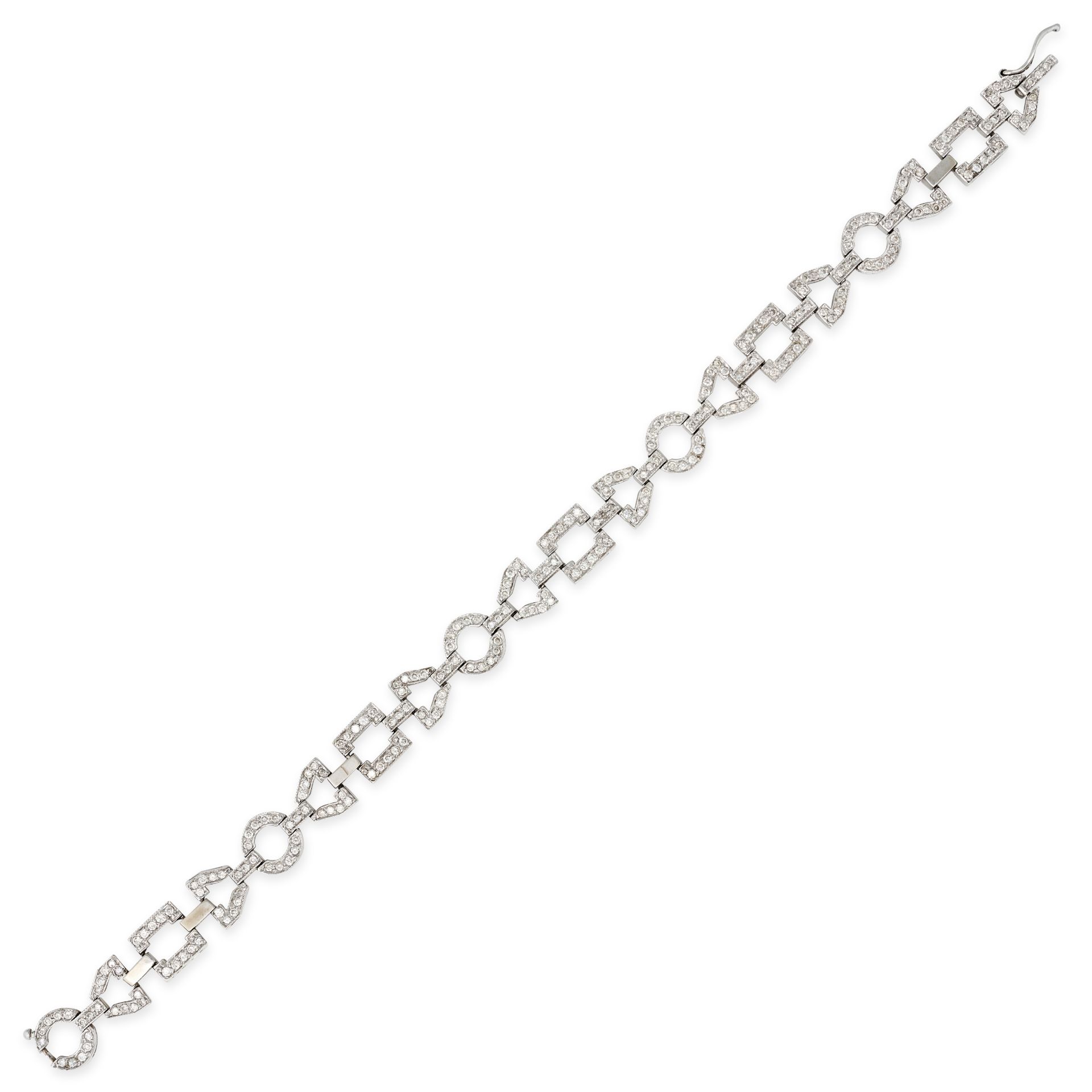 A DIAMOND BRACELET in 14ct white gold, comprising a row of geometric links set with round brillia...