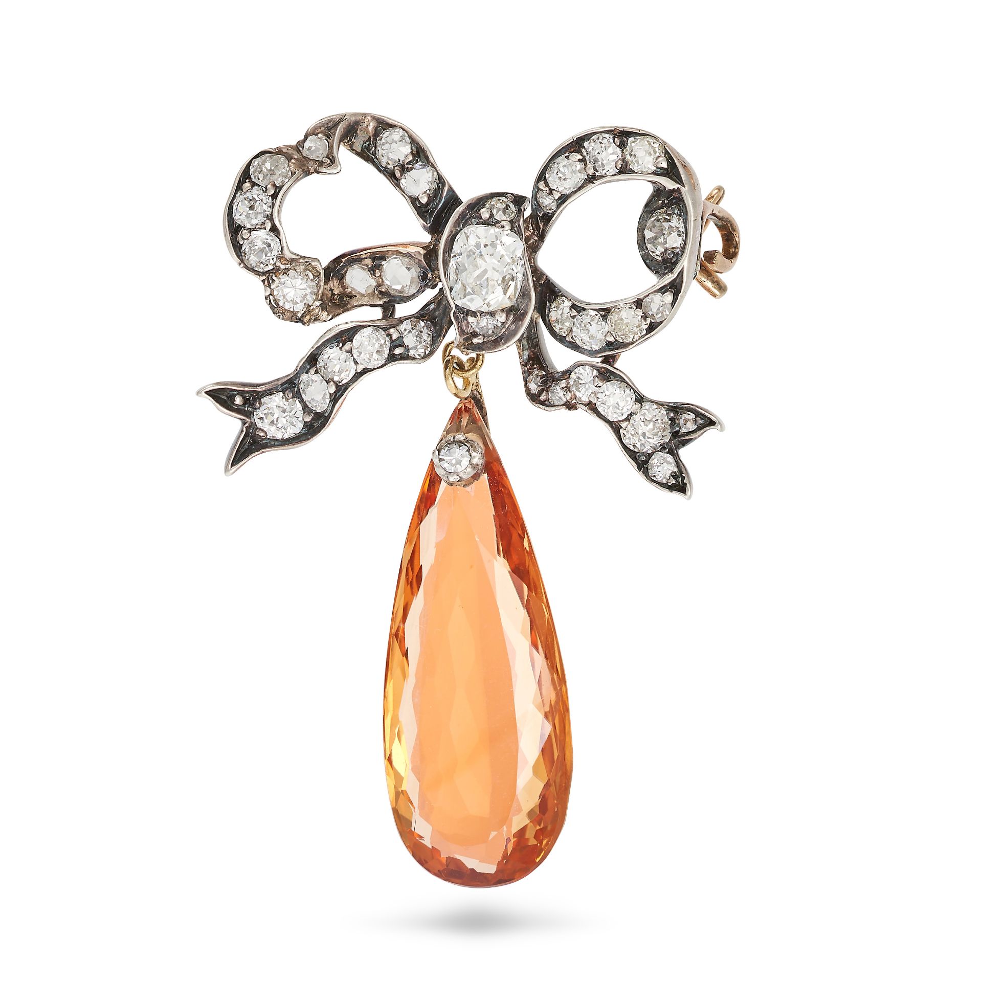 AN ANTIQUE DIAMOND AND IMPERIAL TOPAZ BOW BROOCH in yellow gold and silver, designed as a bow set... - Image 2 of 2