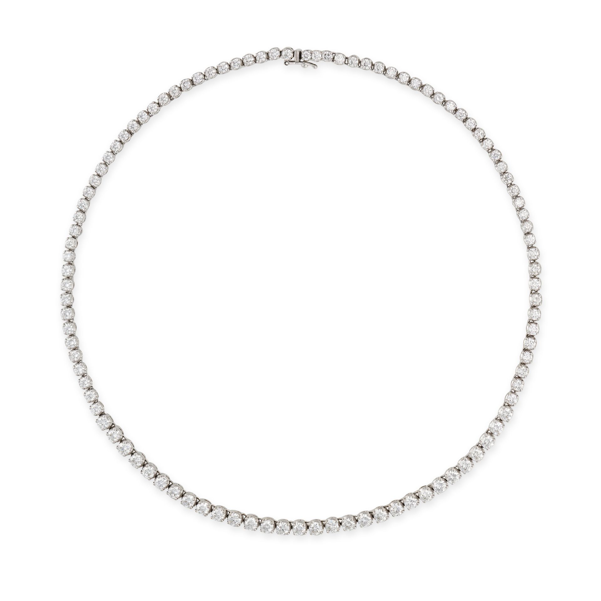 A DIAMOND LINE NECKLACE in 18ct white gold, comprising a line of graduated round brilliant cut di...