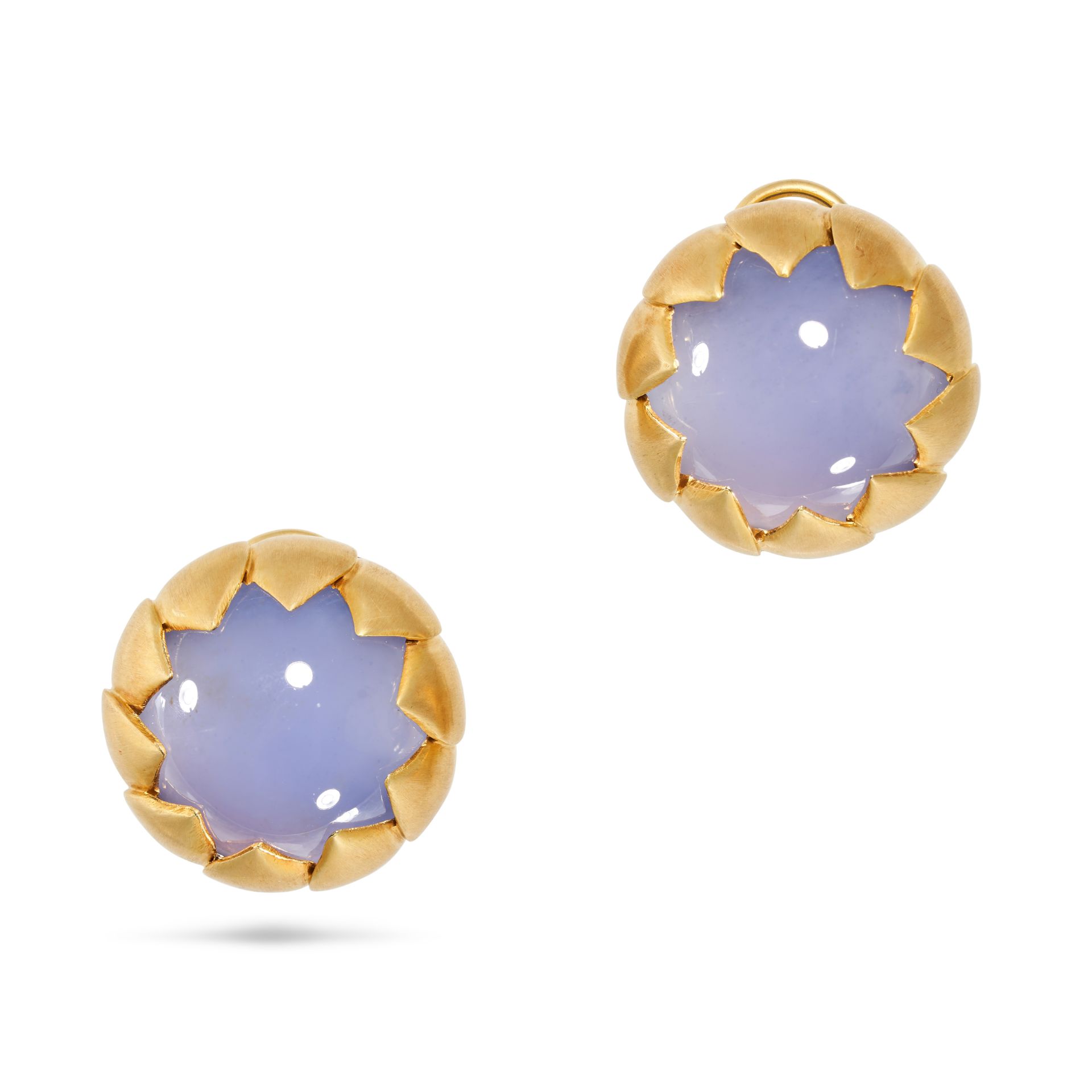 REBECCA KOVEN, A PAIR OF BLUE CHALCEDONY EARRINGS in 18ct yellow gold, each set with a large roun... - Image 2 of 4