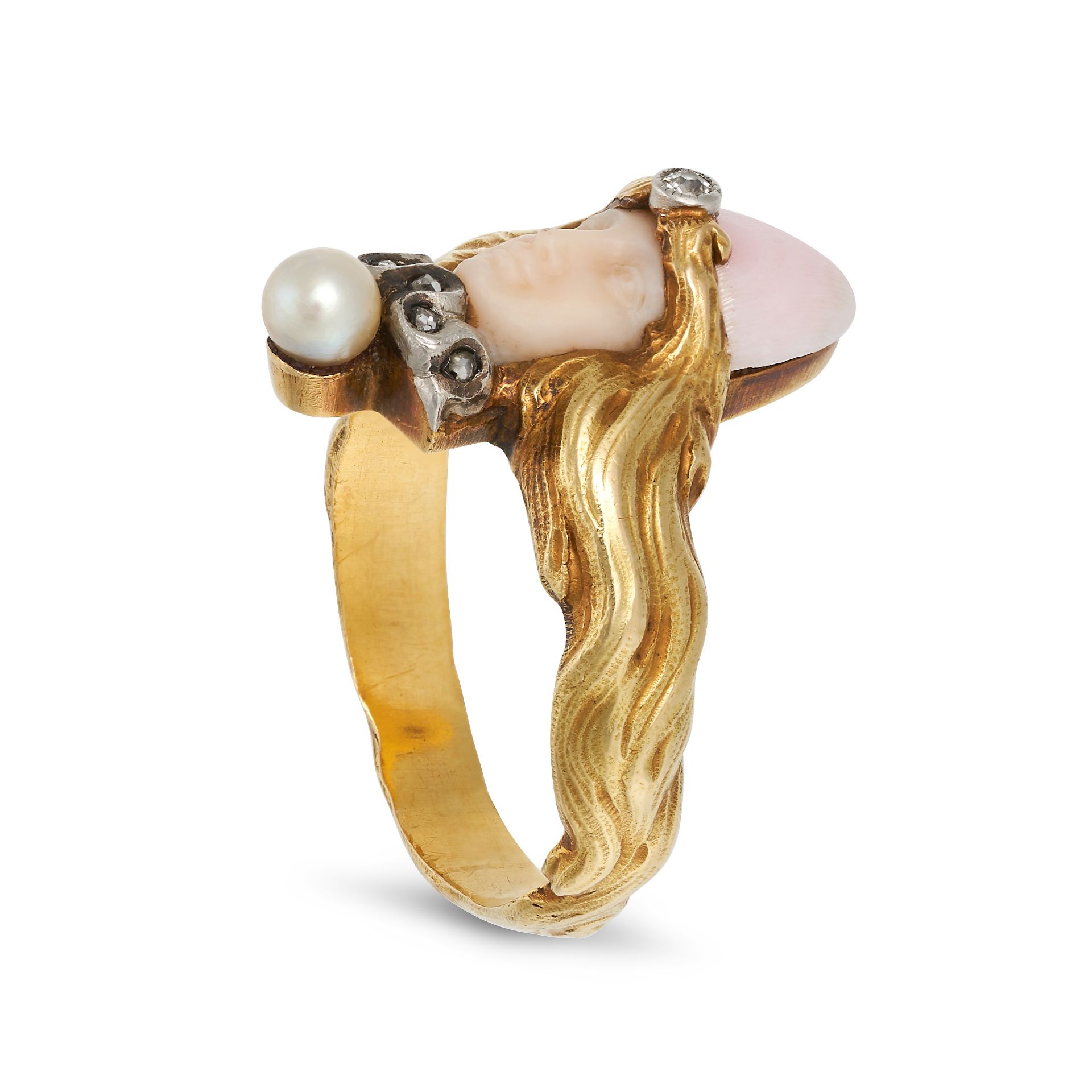 AN ANTIQUE ART NOUVEAU FRENCH CONCH SHELL, DIAMOND AND PEARL RING in 18ct yellow gold, designed a... - Image 2 of 2