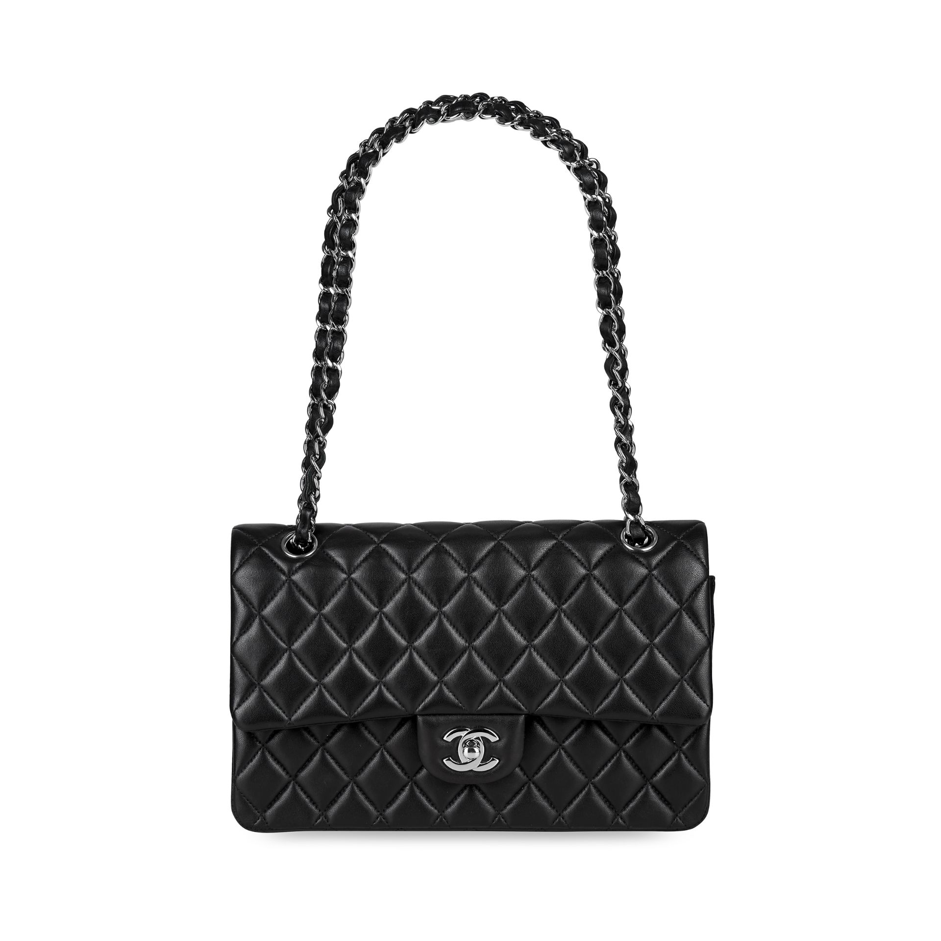 CHANEL BLACK LAMBSKIN MEDIUM CLASSIC FLAP BAG Condition grade B-. Produced in 2014. 25cm long, ...