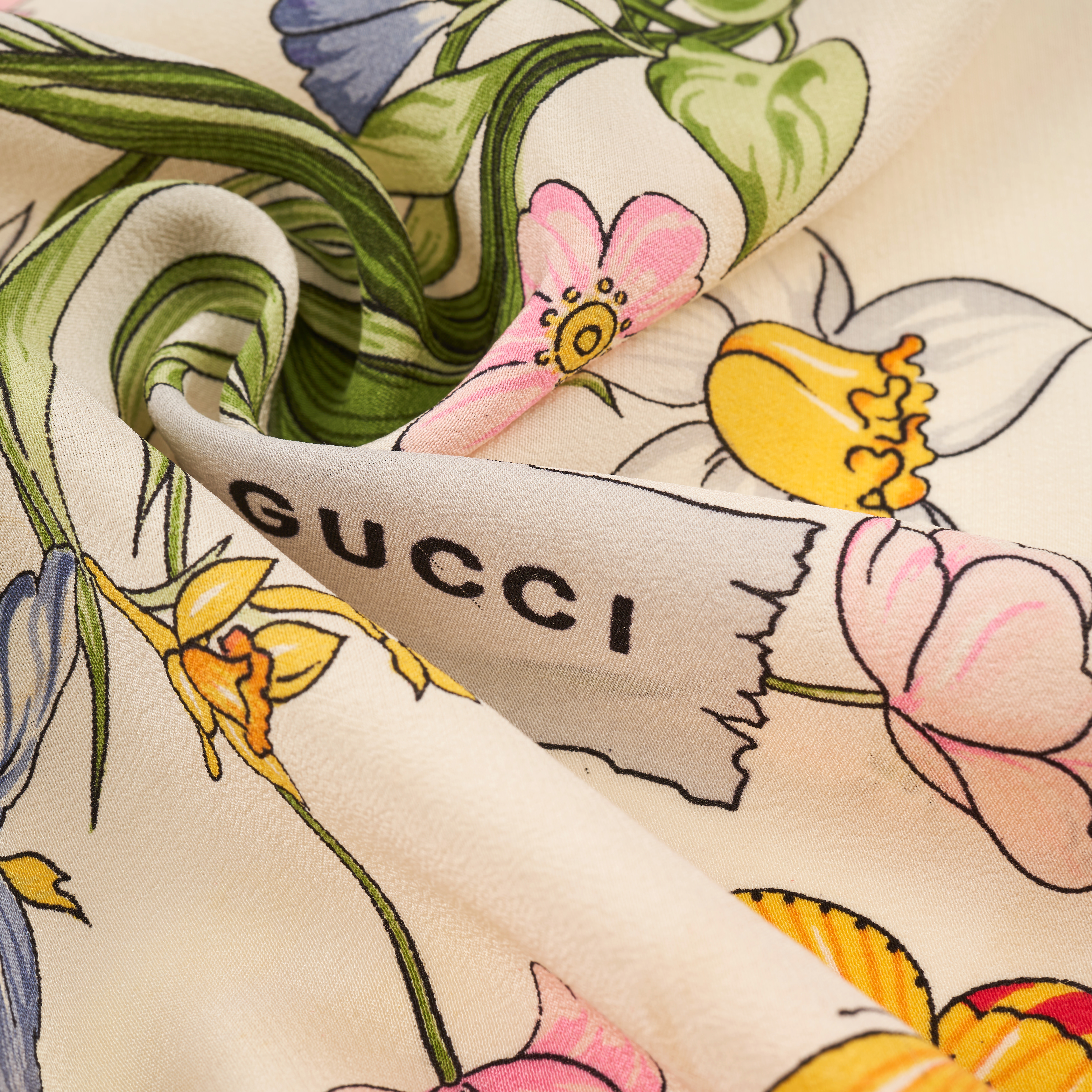 GUCCI FLORAL SILK SCARF  Condition grade B.  85cm x 89cm. 100% silk scarf with blue, yellow, pi... - Image 3 of 5