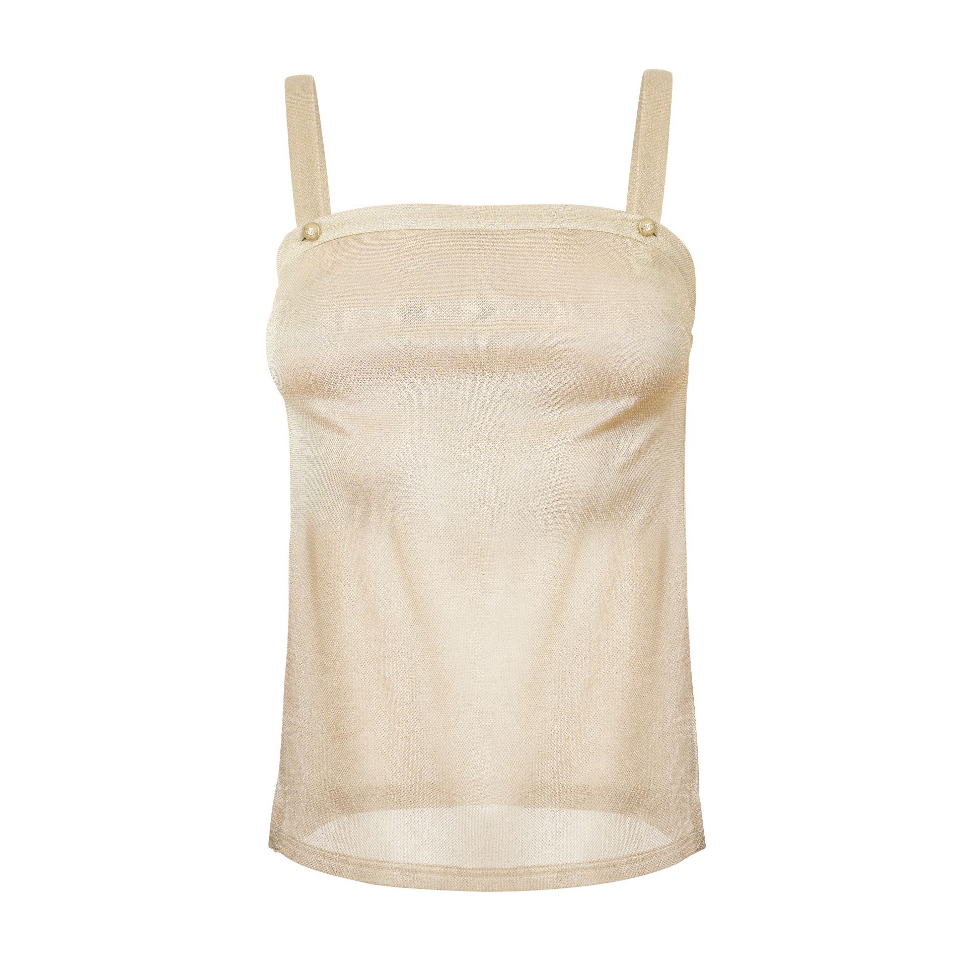 CHANEL SPARKLY SHEER TOP Condition grade A-. French size 34. 70m chest, 45cm length. Light gold ...