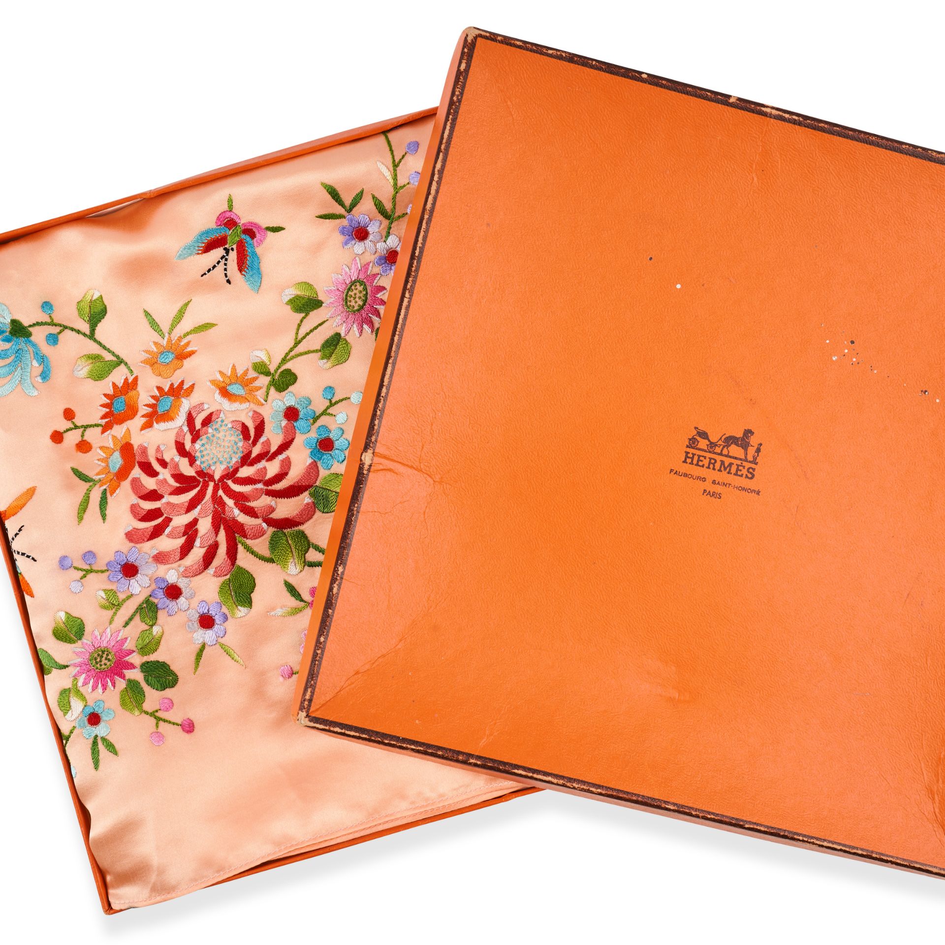 HERMES EMBROIDERED FLORAL SILK SCARF  Condition grade B.  73cm x 70cm. 100% silk peach scarf wi... - Image 5 of 6