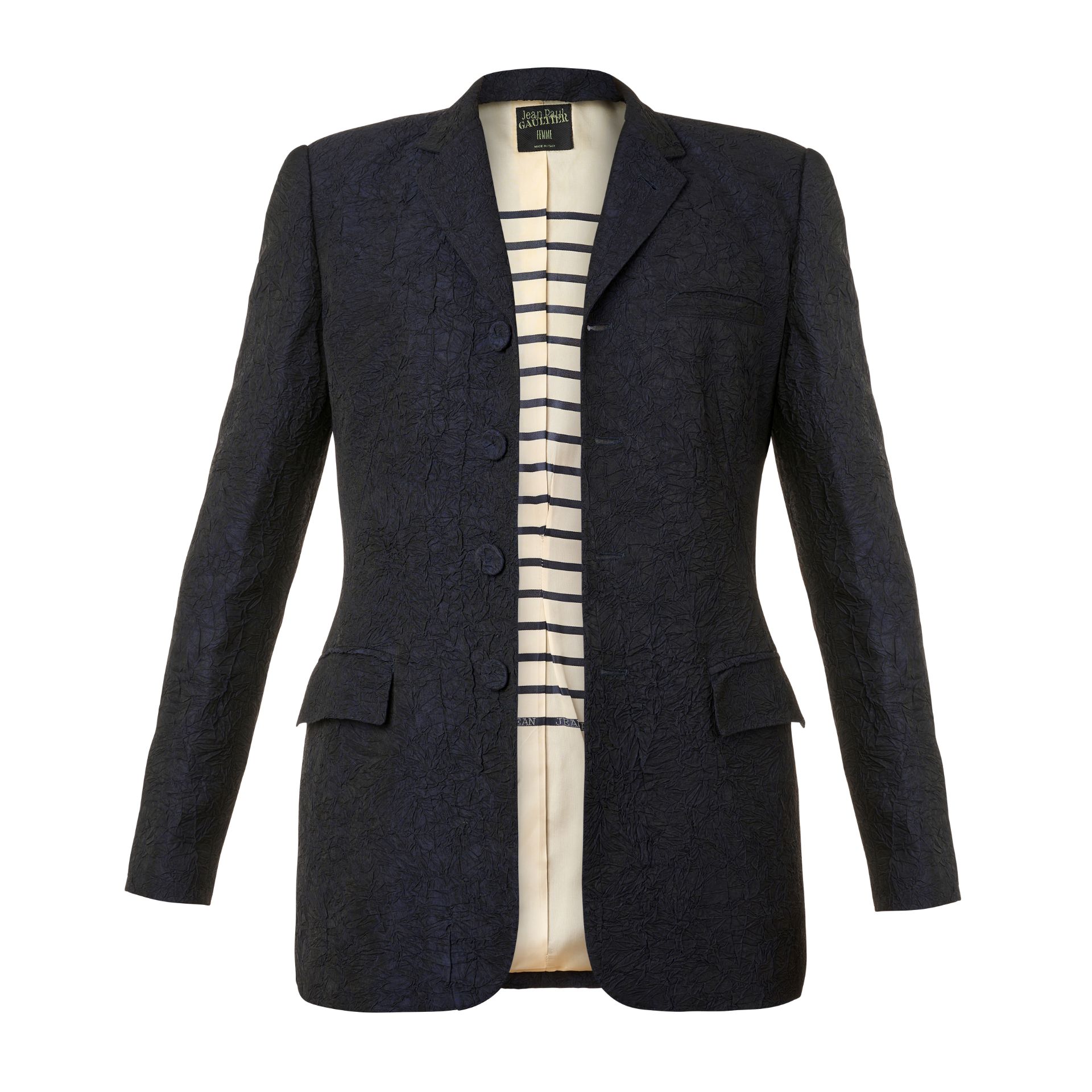 JEAN PAUL GAULTIER FEMME NAVY TROUSER SUIT Condition grade B-. French size 40. 92cm chest, 80cm...