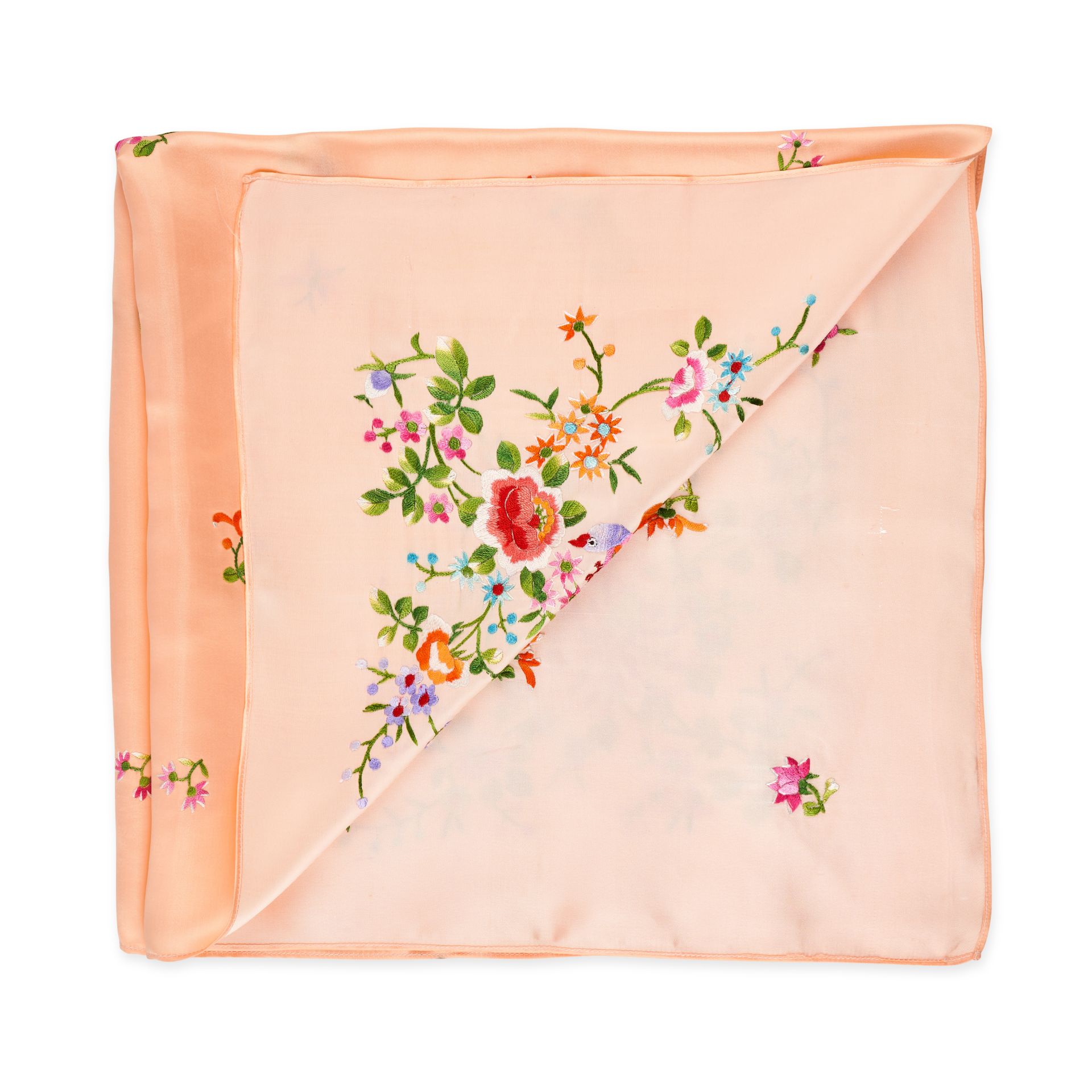 HERMES EMBROIDERED FLORAL SILK SCARF  Condition grade B.  73cm x 70cm. 100% silk peach scarf wi...