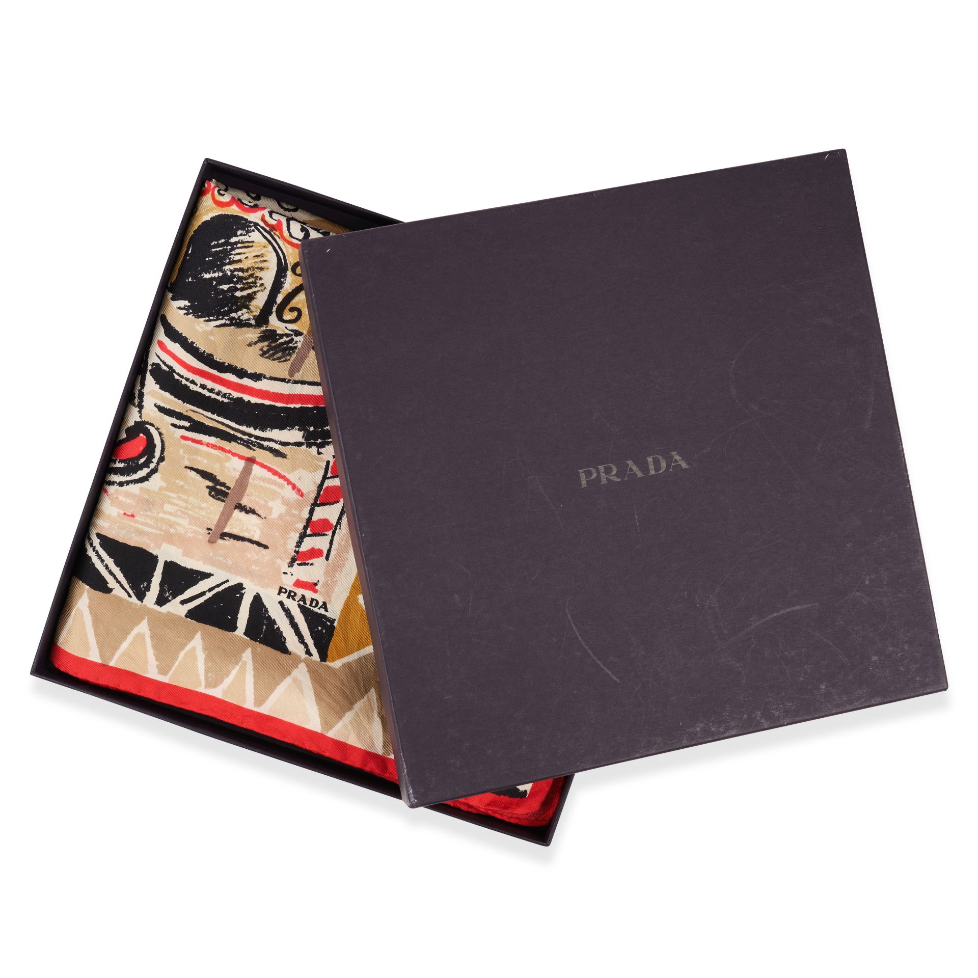 PRADA VENICE SILK SCARF  Condition grade B.  86cm x 89cm. 100% silk beige, red, and black scarf... - Image 5 of 6