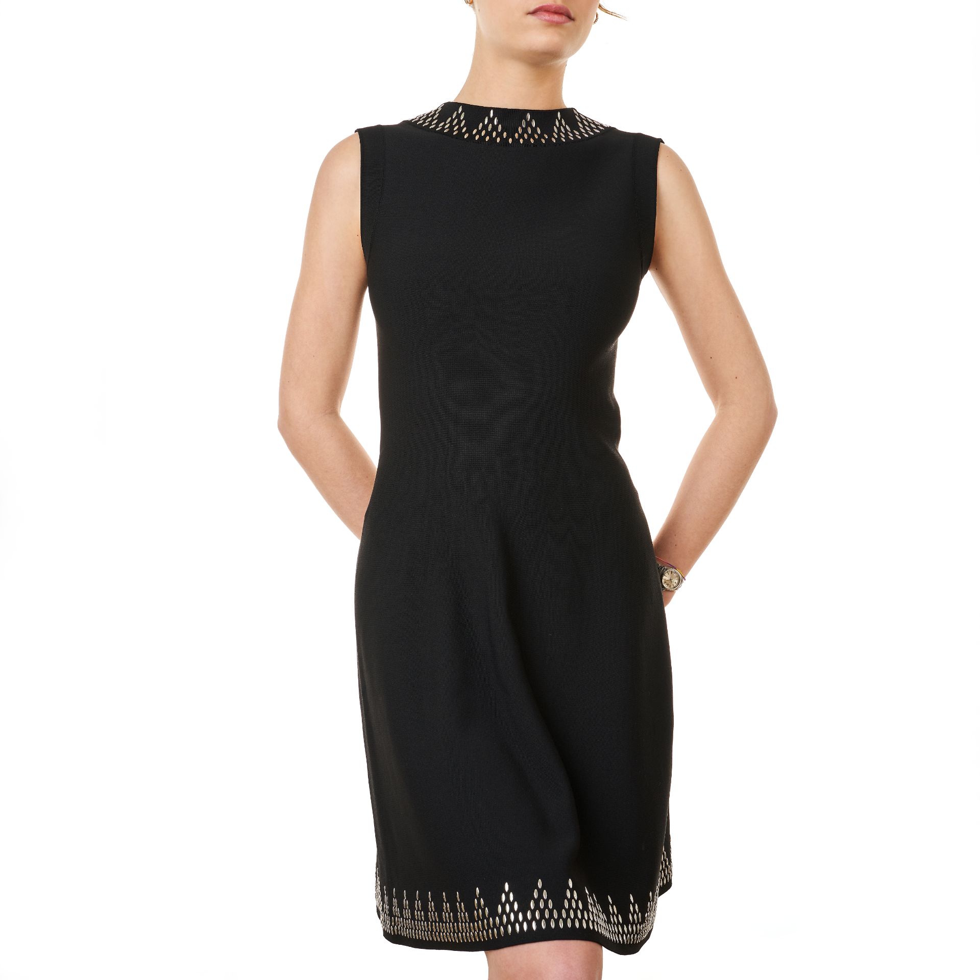 ALAIA BLACK STUDDED DRESS Condition grade B+. Size French 42. 80cm chest, 90cm length. Black dr...