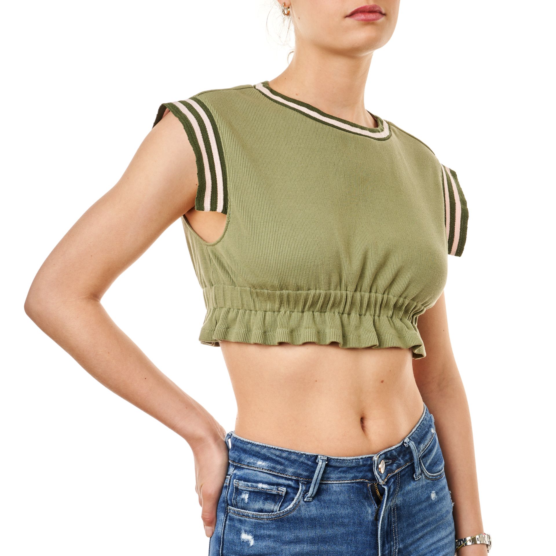CHANEL RIBBED CROP TOP Condition grade B+. Size French 34. 60cm chest, 35cm length. Olive green... - Image 2 of 4