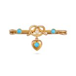 AN ANTIQUE PEARL AND TURQUOISE BROOCH in yellow gold, the bar brooch set with two cabochon turquo...