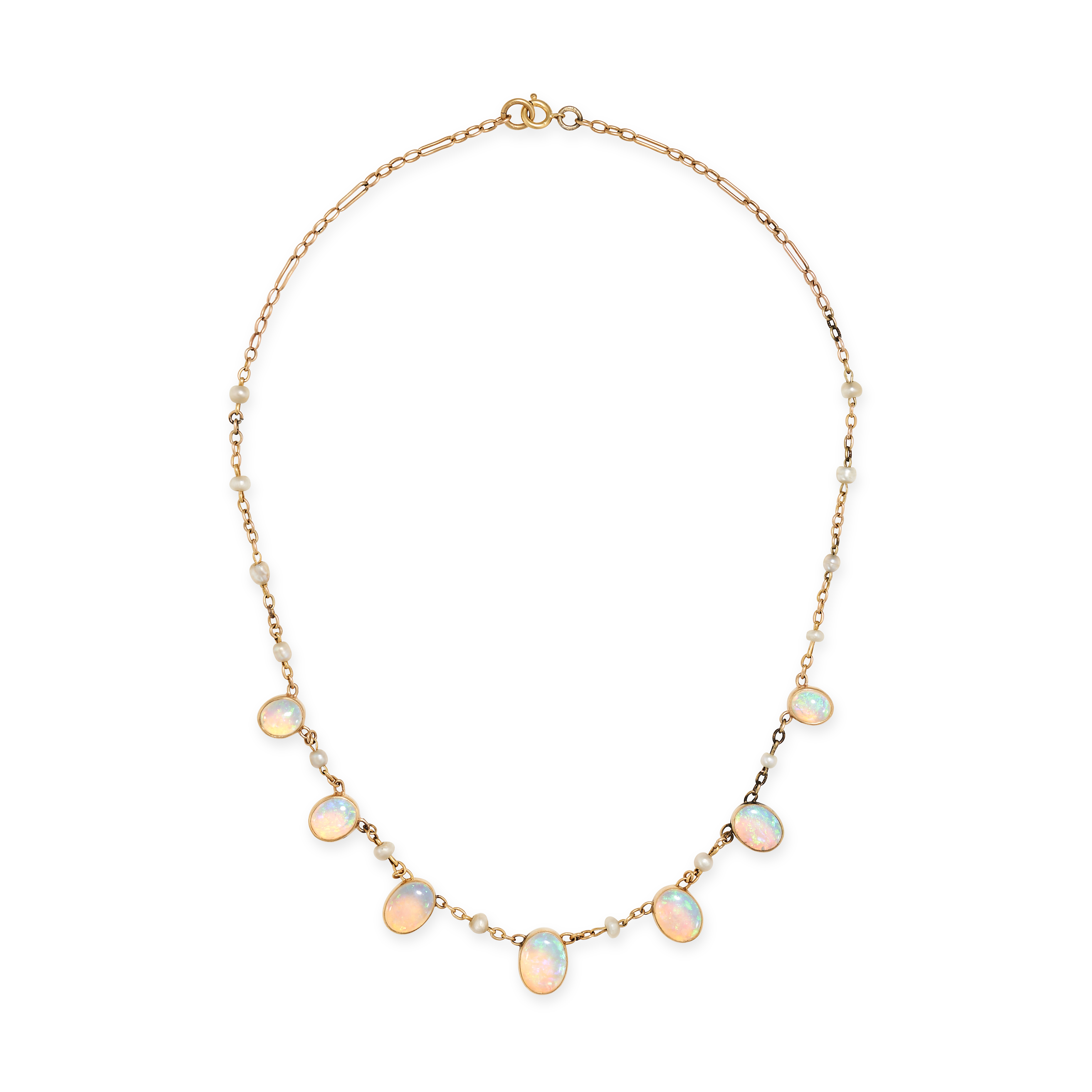 AN OPAL AND PEARL NECKLACE in 9ct yellow gold, the fancy link chain set with cabochon opals accen...