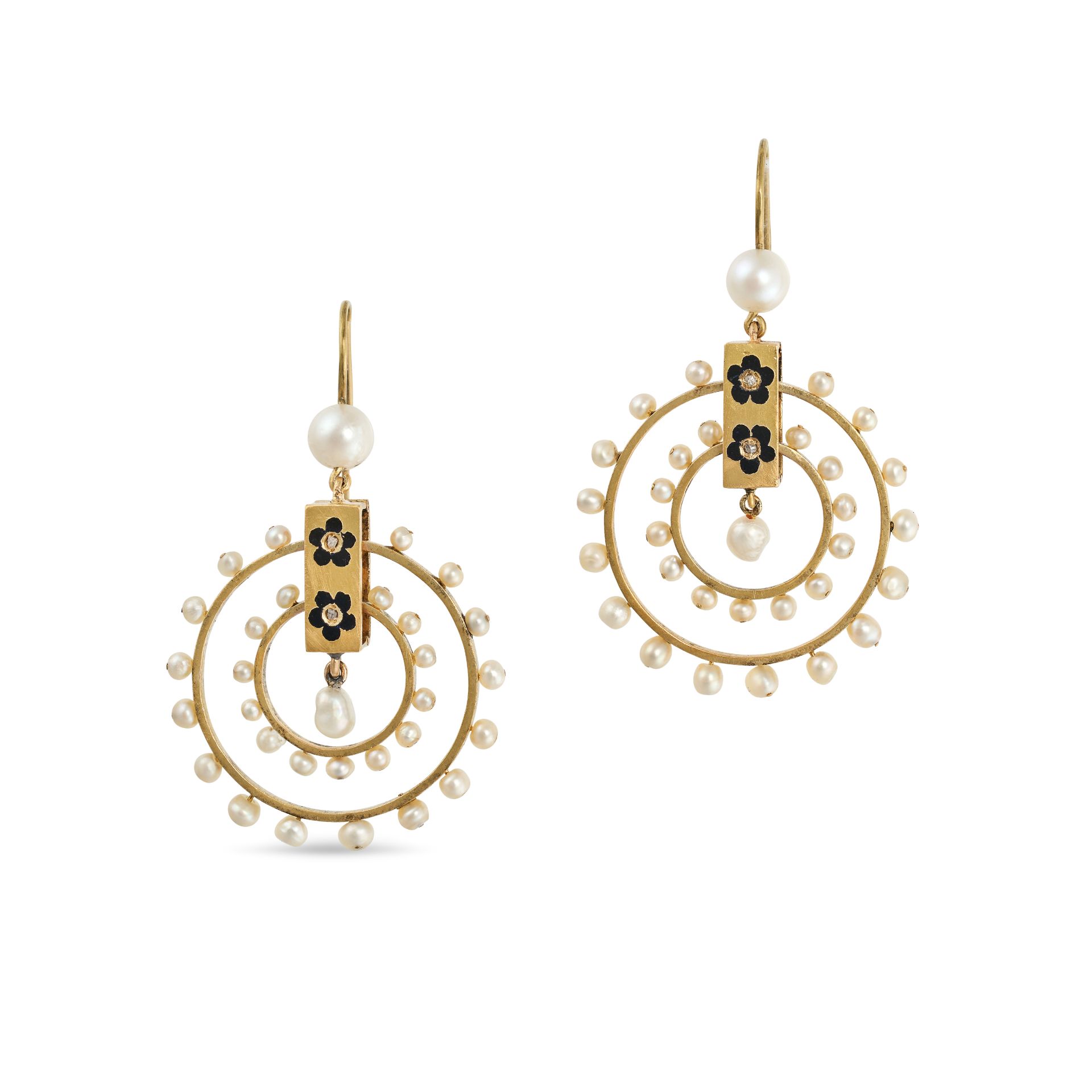 A PAIR OF ANTIQUE PEARL, DIAMOND, AND BLACK ENAMEL DROP EARRINGS in yellow gold, designed as two ...