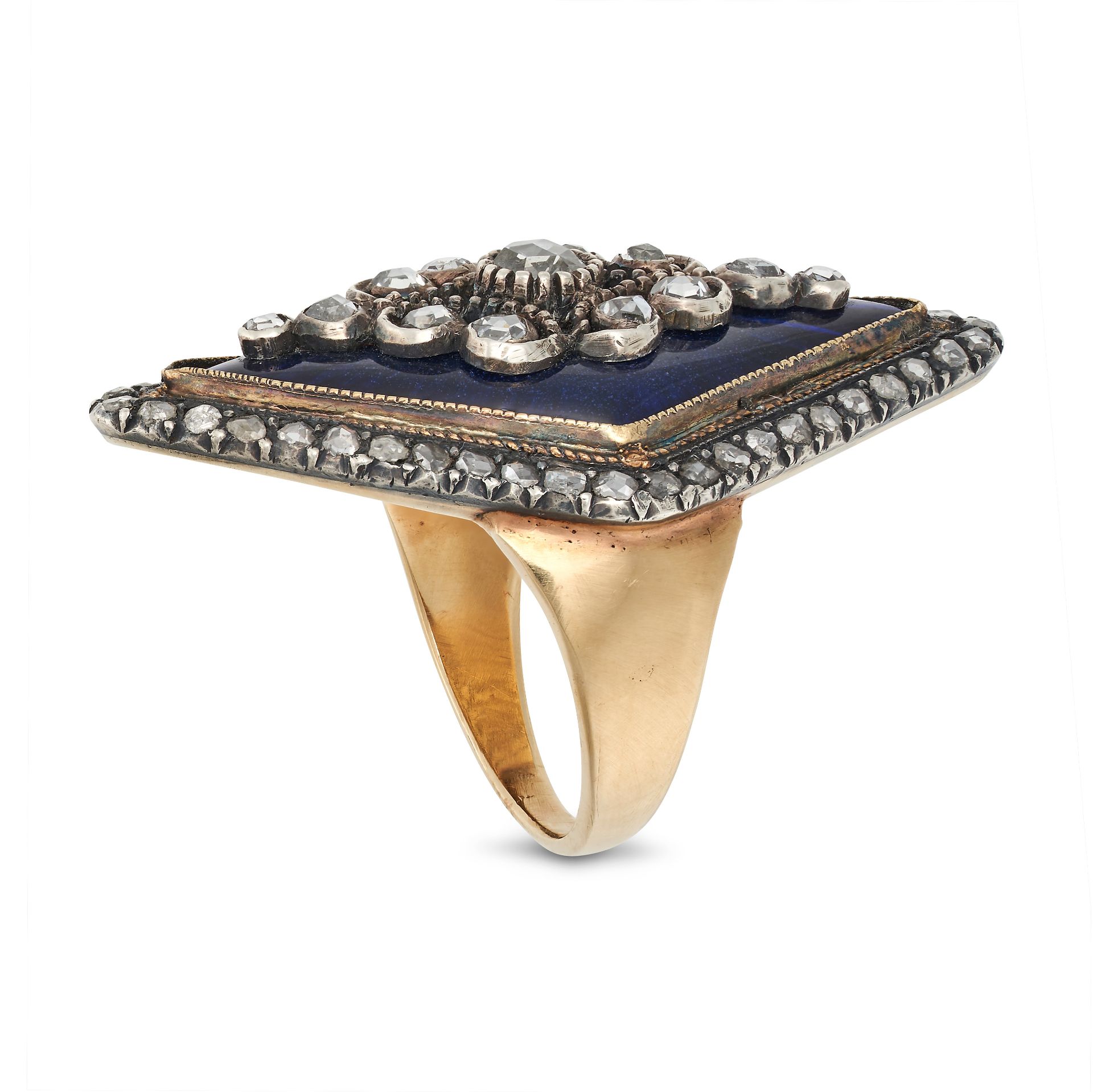 A DIAMOND AND BLUE GLASS DRESS RING in yellow gold and silver, the lozenge shaped face set a clus... - Image 2 of 2