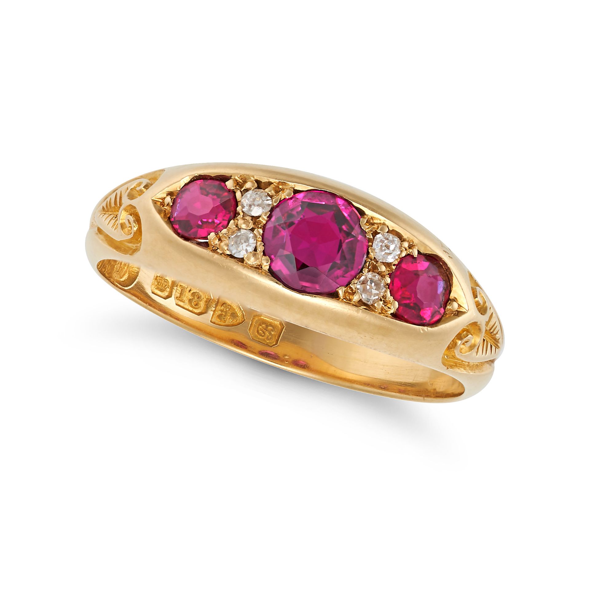 AN ANTIQUE RUBY AND DIAMOND RING in 18ct yellow gold, set with three round cut rubies accented by...