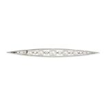 A PEARL AND DIAMOND BAR BROOCH in 18ct white gold, the tapering bar set with a row of graduating ...