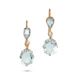 A PAIR OF AQUAMARINE AND DIAMOND DROP EARRINGS in yellow gold, each set with a pear cut aquamarin...