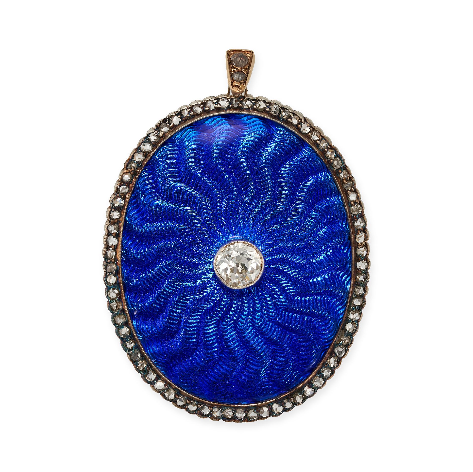 AN ANTIQUE DIAMOND AND ENAMEL LOCKET PENDANT in yellow gold, the oval body set to the centre with...