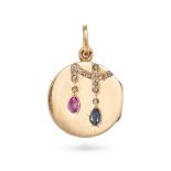 AN ANTIQUE RUBY, SAPPHIRE AND DIAMOND LOCKET PENDANT in yellow gold, the circular hinged locket s...