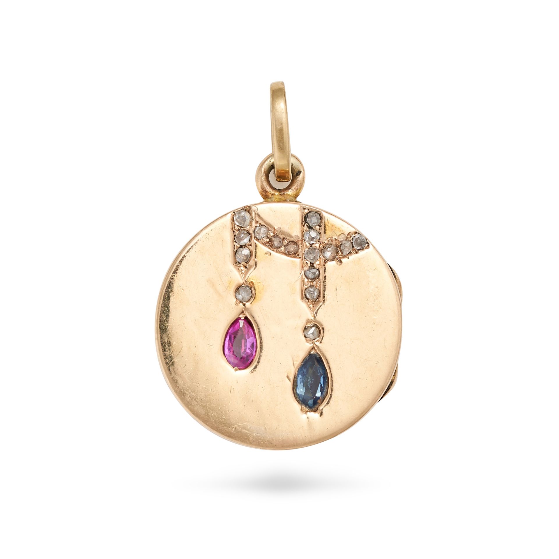 AN ANTIQUE RUBY, SAPPHIRE AND DIAMOND LOCKET PENDANT in yellow gold, the circular hinged locket s...