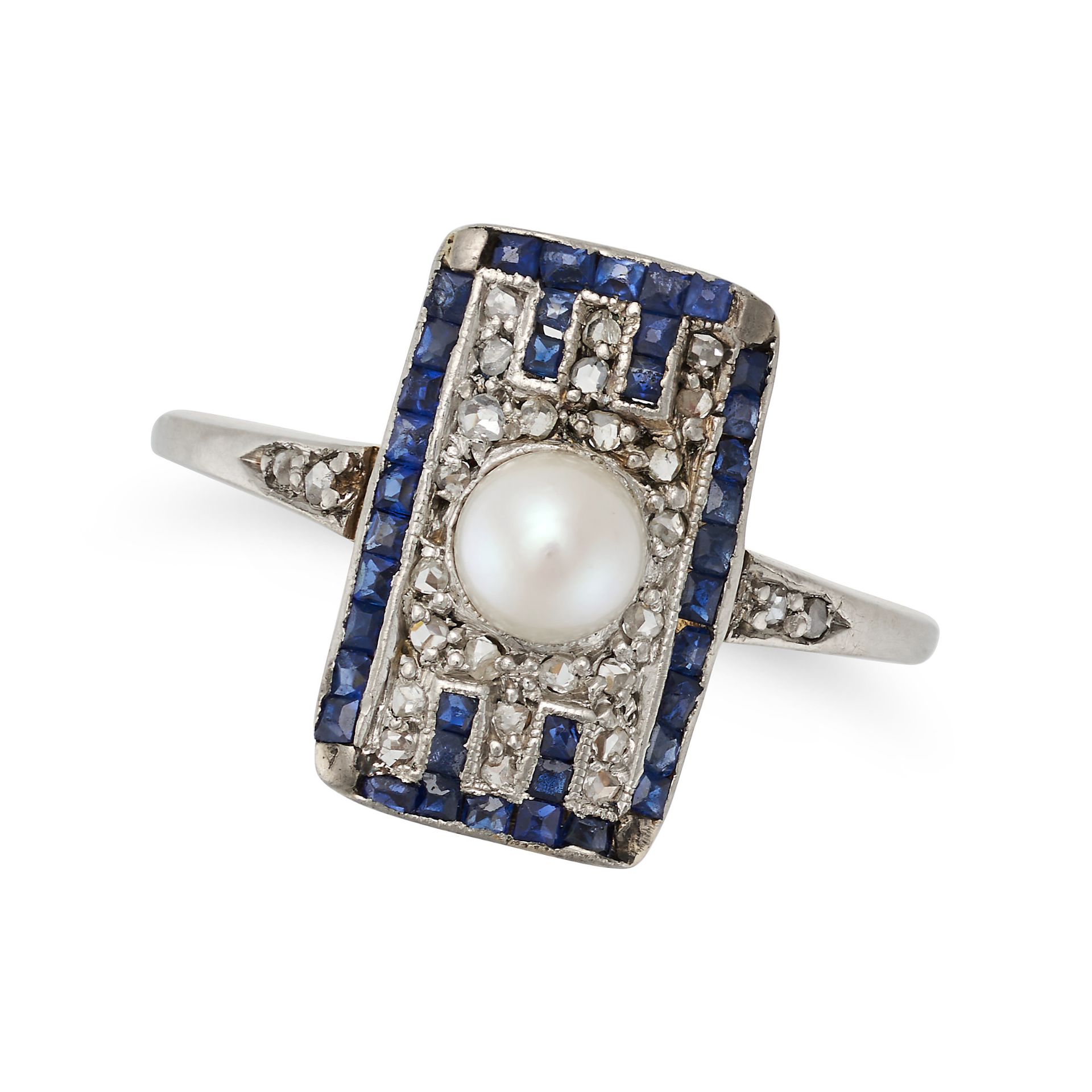 AN ANTIQUE PEARL, SAPPHIRE AND DIAMOND DRESS RING in 18ct yellow gold, the rectangular face set w...