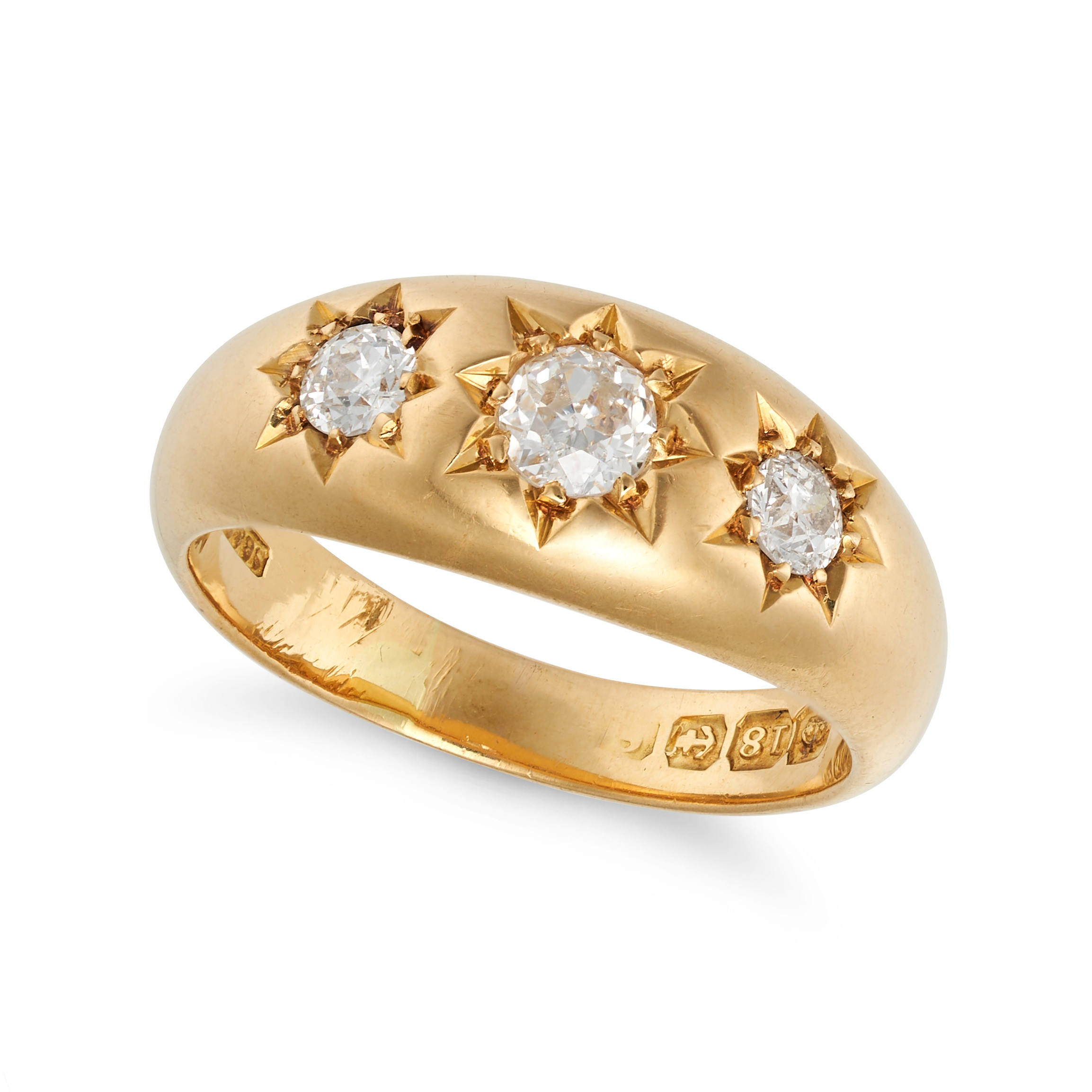 A DIAMOND GYPSY RING in 18ct yellow gold, set with three old European cut diamonds in star motifs...