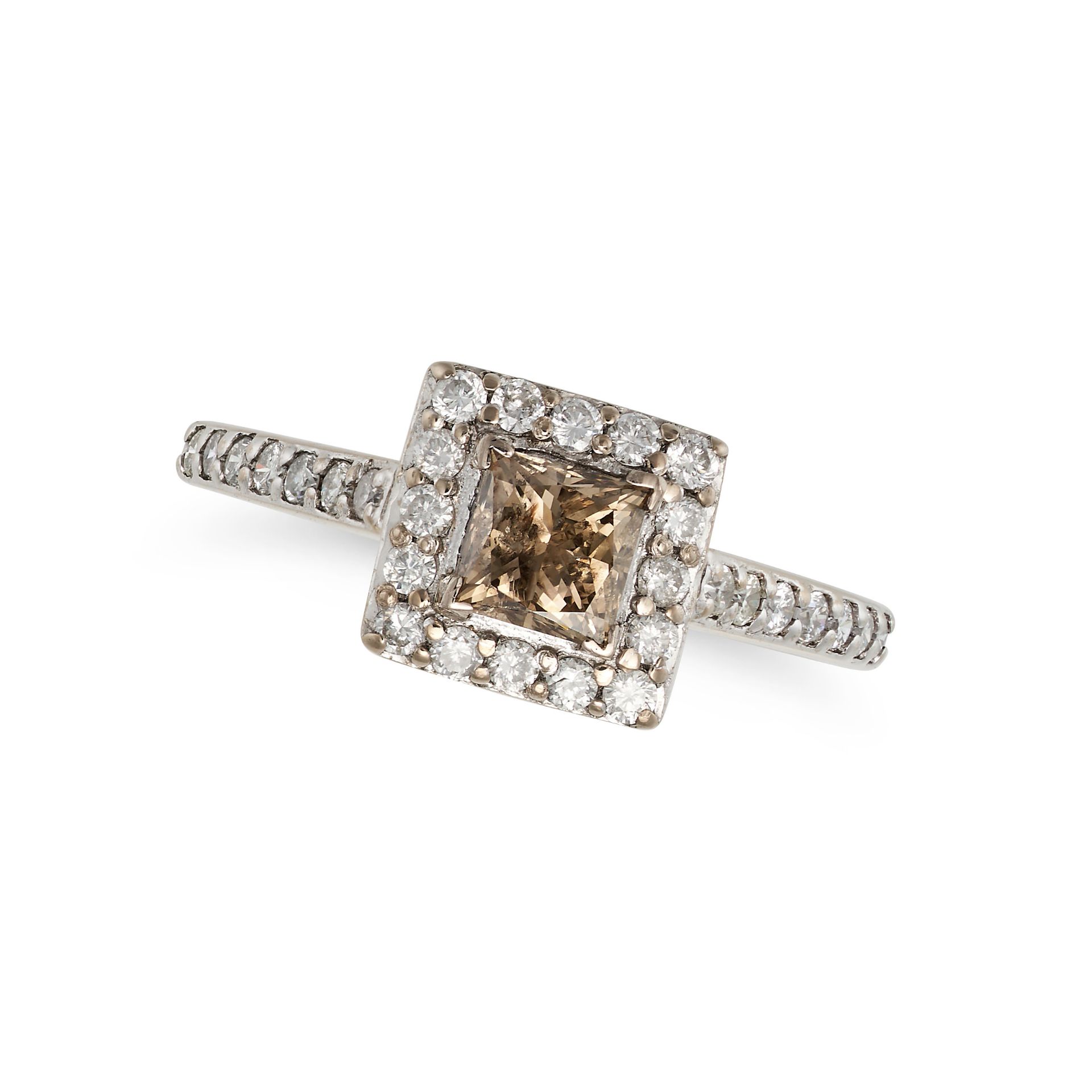 A BROWN AND WHITE DIAMOND CLUSTER RING in 18ct white gold, set with a princess cut brown diamond ...