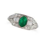 AN EMERALD AND DIAMOND DRESS RING in white gold, set with an oval cut emerald of approximately 0....