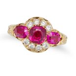 A VINTAGE BURMA NO HEAT RUBY AND DIAMOND RING in 18ct yellow gold, set with three cushion cut rub...