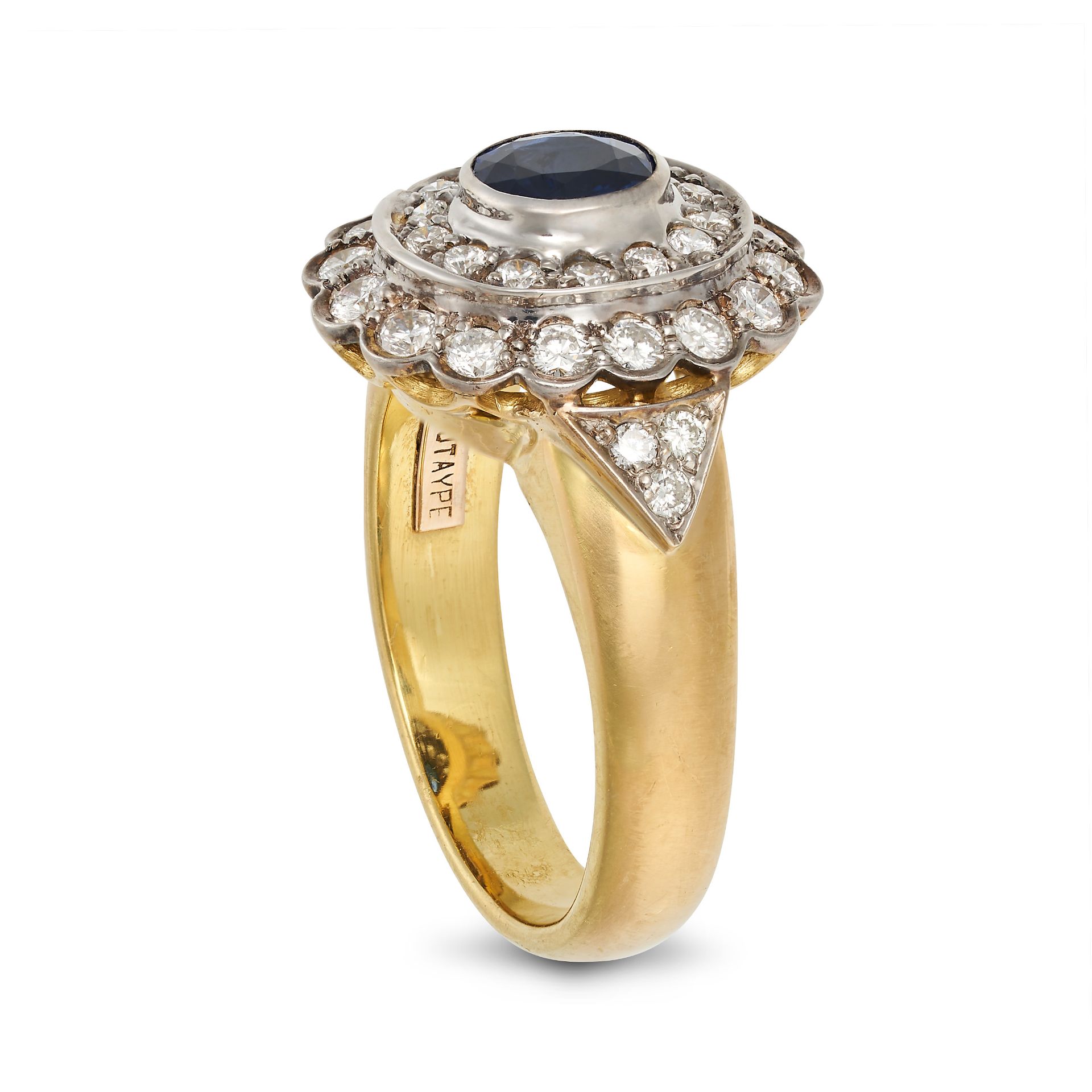 A SAPPHIRE AND DIAMOND CLUSTER RING in 18ct yellow gold, set with an oval cut sapphire of approxi... - Image 2 of 2