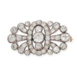 AN ANTIQUE DIAMOND BROOCH in yellow gold and silver, in openwork design and set throughout with o...
