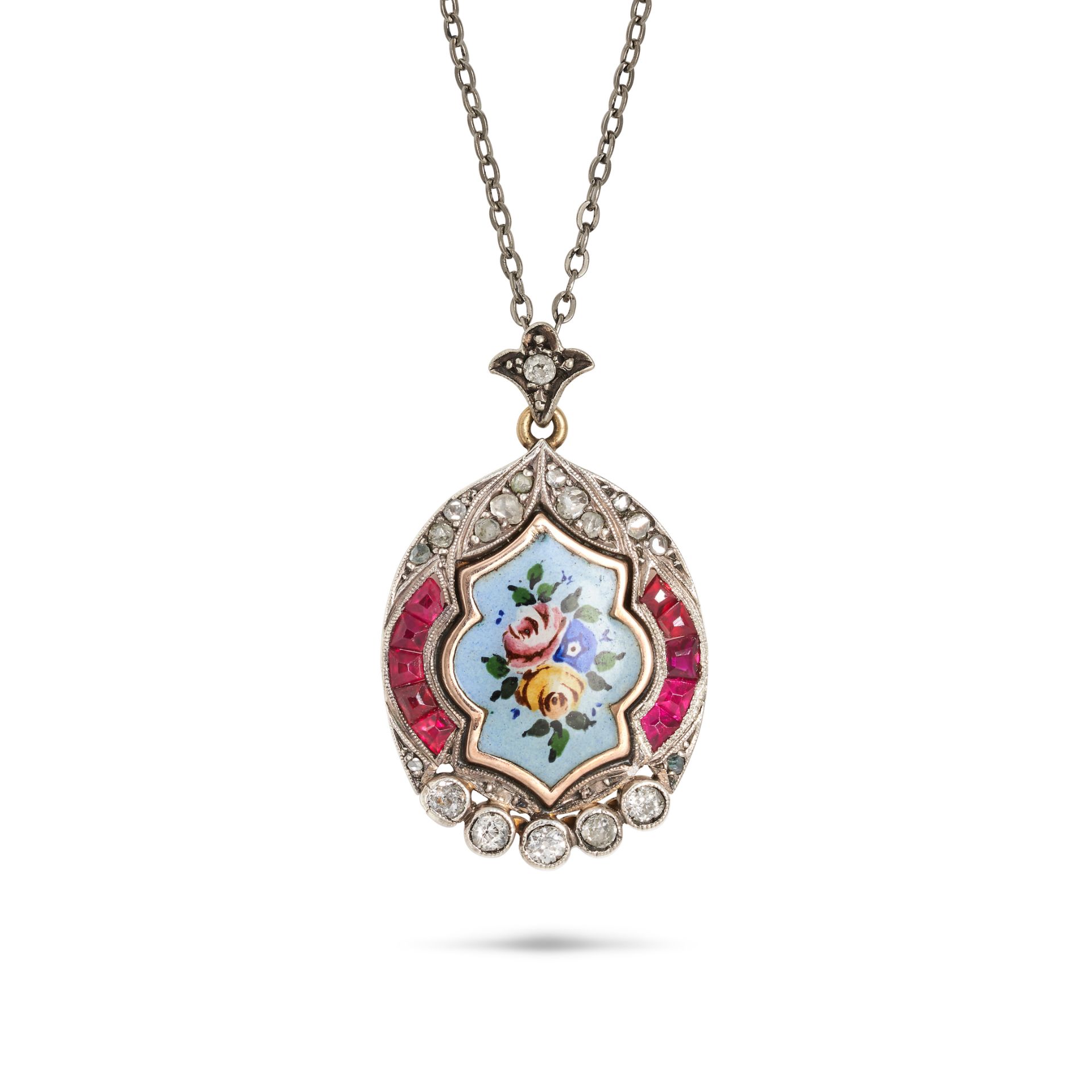 A DIAMOND, ENAMEL AND SYNTHETIC RUBY LOCKET PENDANT NECKLACE in yellow gold and silver, the penda...